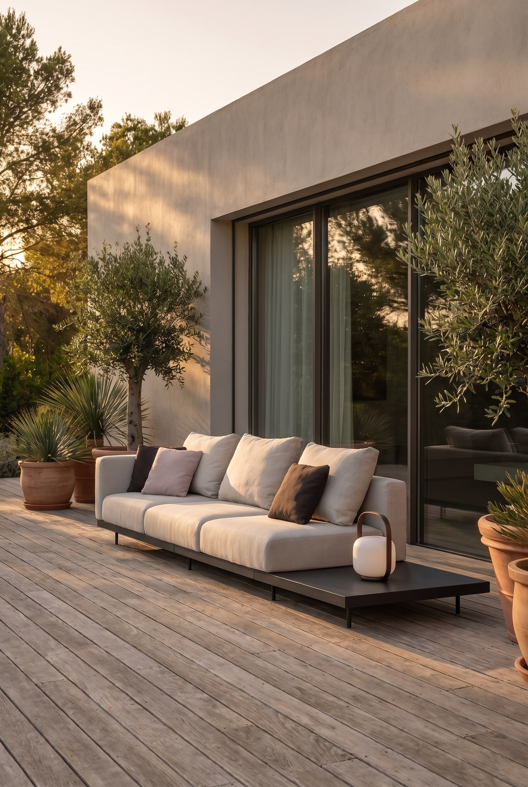 Wooden terrace with a shaded lounge area, equipped with a large, beige outdoor modular sofa in front of a modern, implied house wall