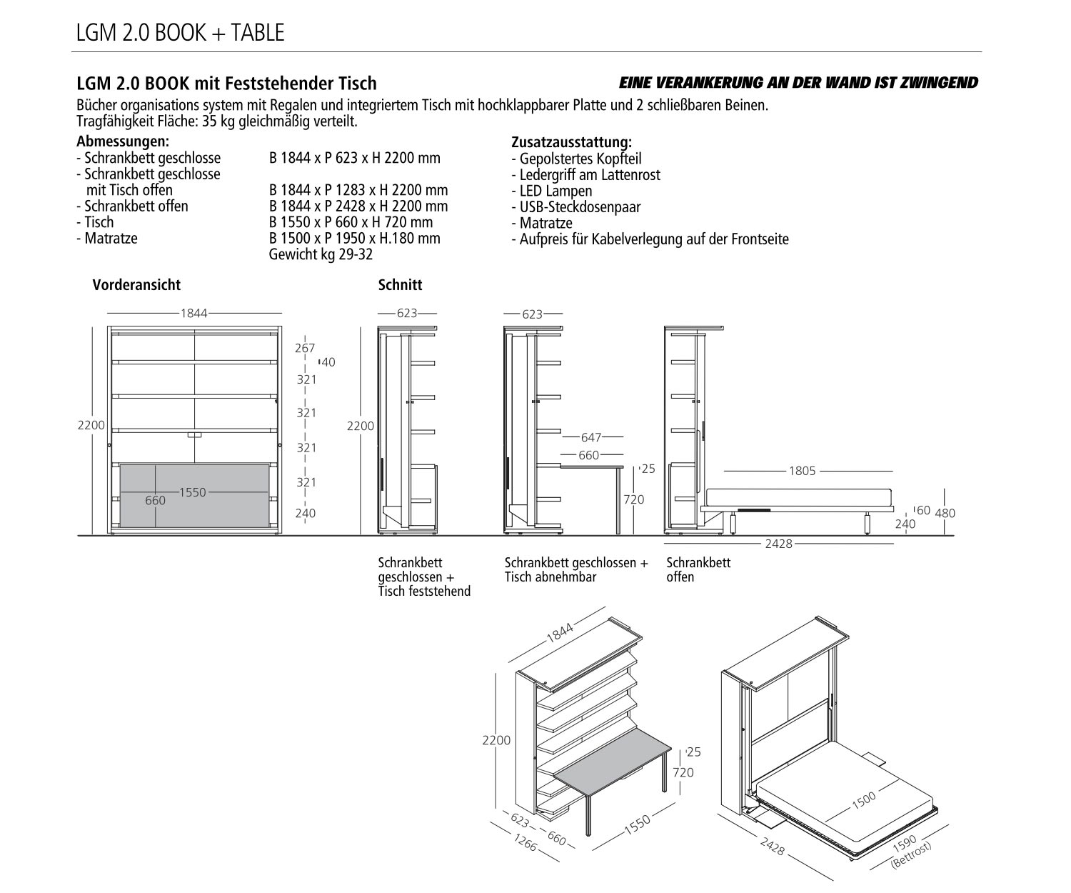 Design Schrankbett mit Schreibtisch zum klappen