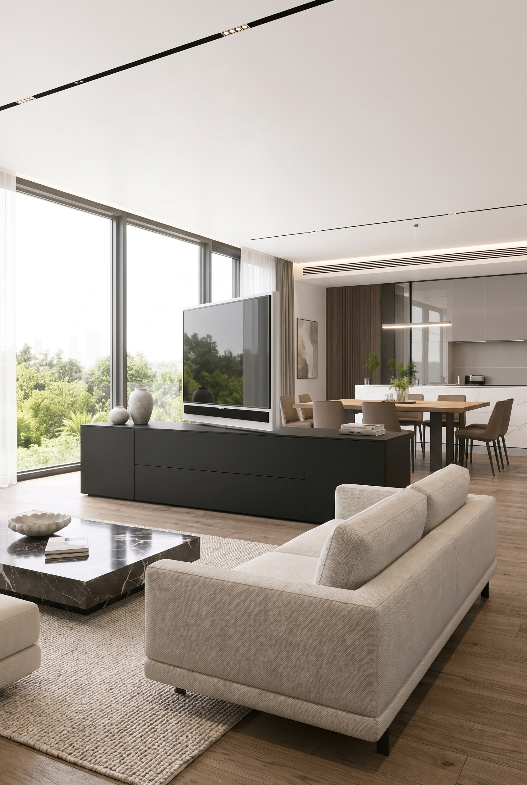 Offener Wohn-Essbereich mit freistehendem Raumteiler-Sideboard und drehbarem TV-Paneel