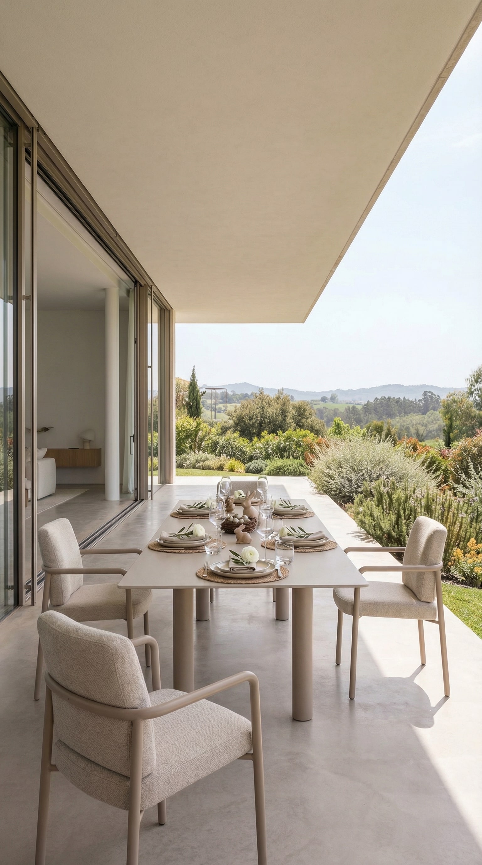 Erweiterbarer, moderner Outdoor-Esstisch auf einer gro&szlig;z&uuml;gigen Terrasse
