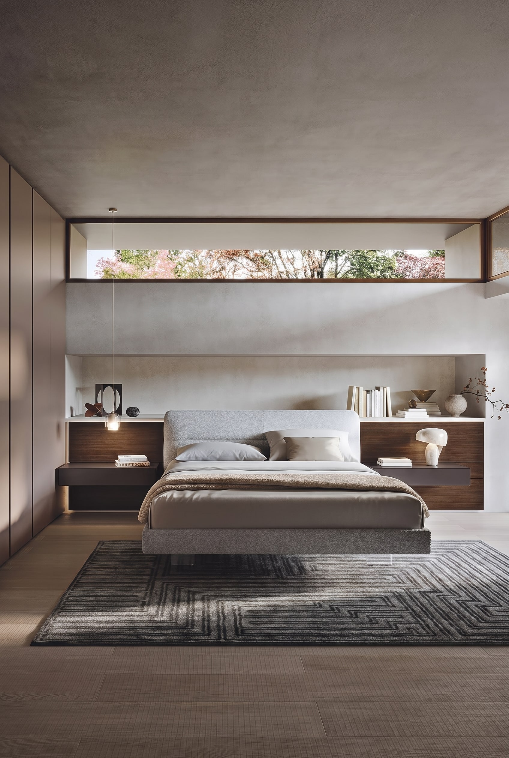 Two identical, minimalist nightstands, each with one drawer, standing symmetrically next to a modern bed and providing visual tranquility in the bedroom.