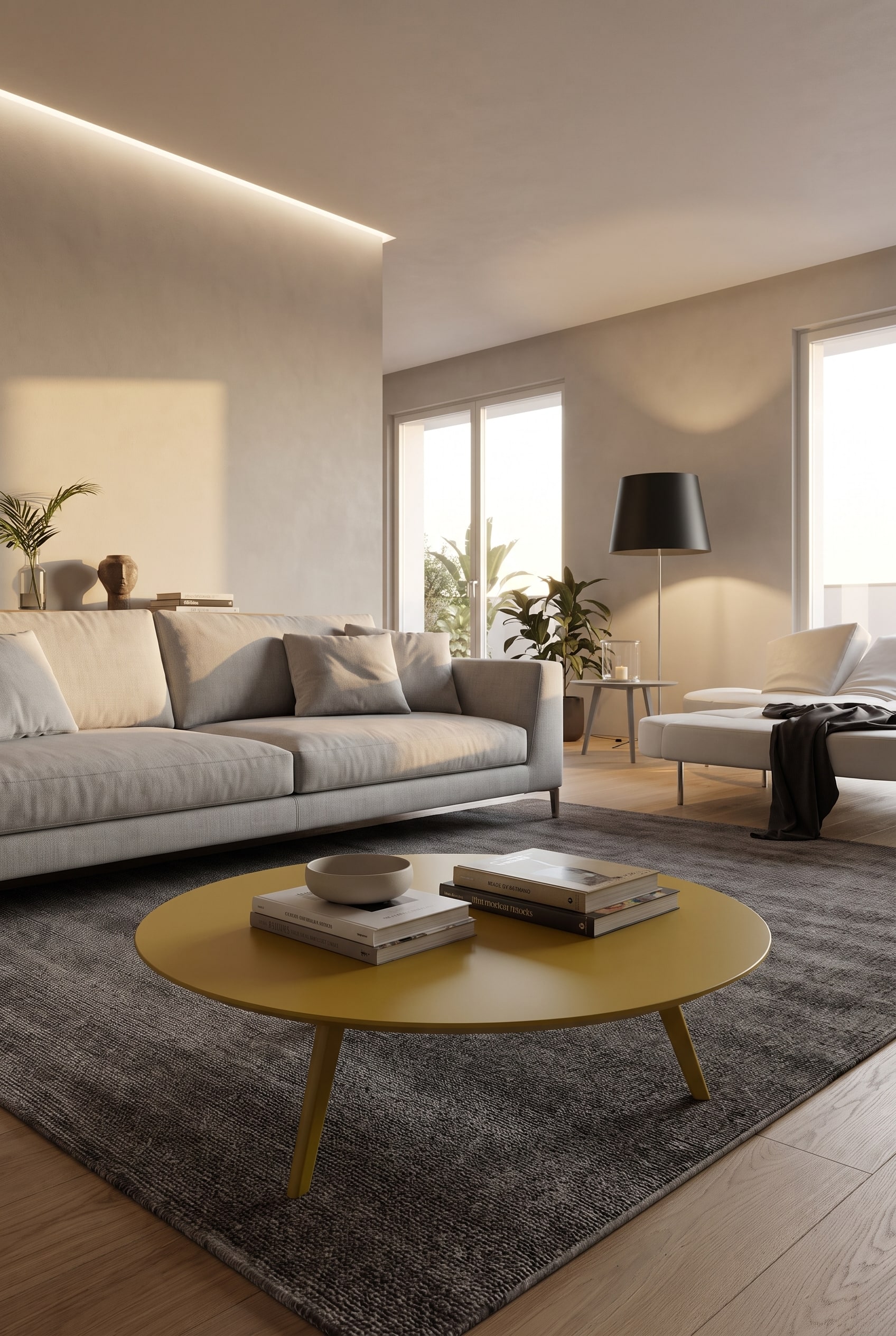A matte, mustard yellow coffee table creates a strong color contrast in front of a light grey sofa in a modern living room.