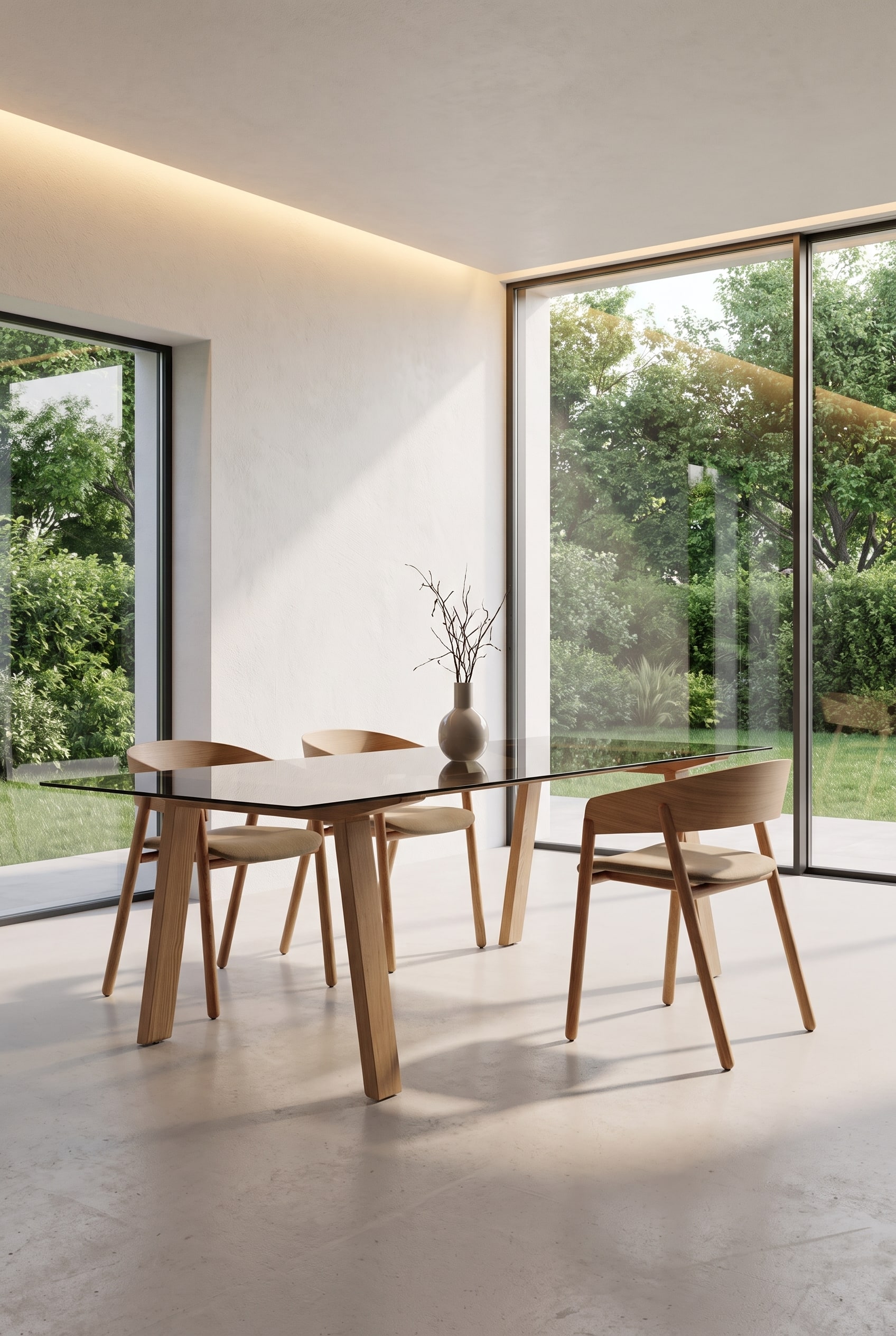 Modern dining room with various solid oak chairs, including a simple solid wood chair without armrests at a wooden table.
