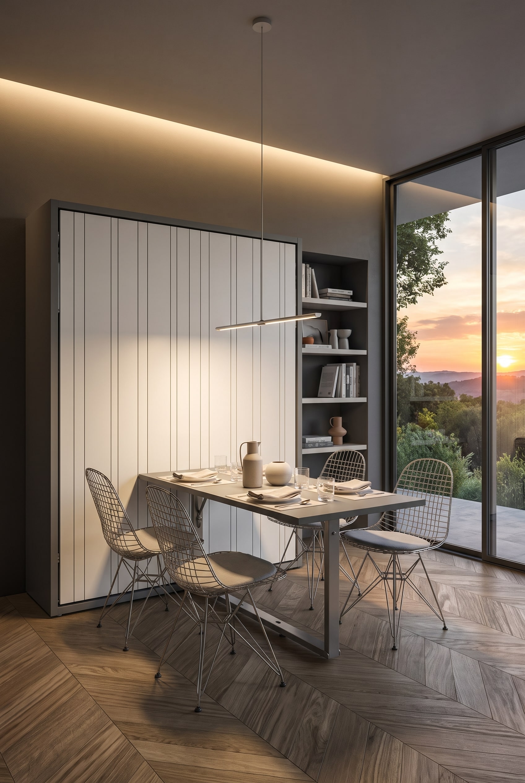 Modernes Esszimmer mit einem gro&szlig;en Schrankbett-Modul an der Wand, in dessen Front ein Esstisch integriert ist, flankiert von leichten Freischwingern
