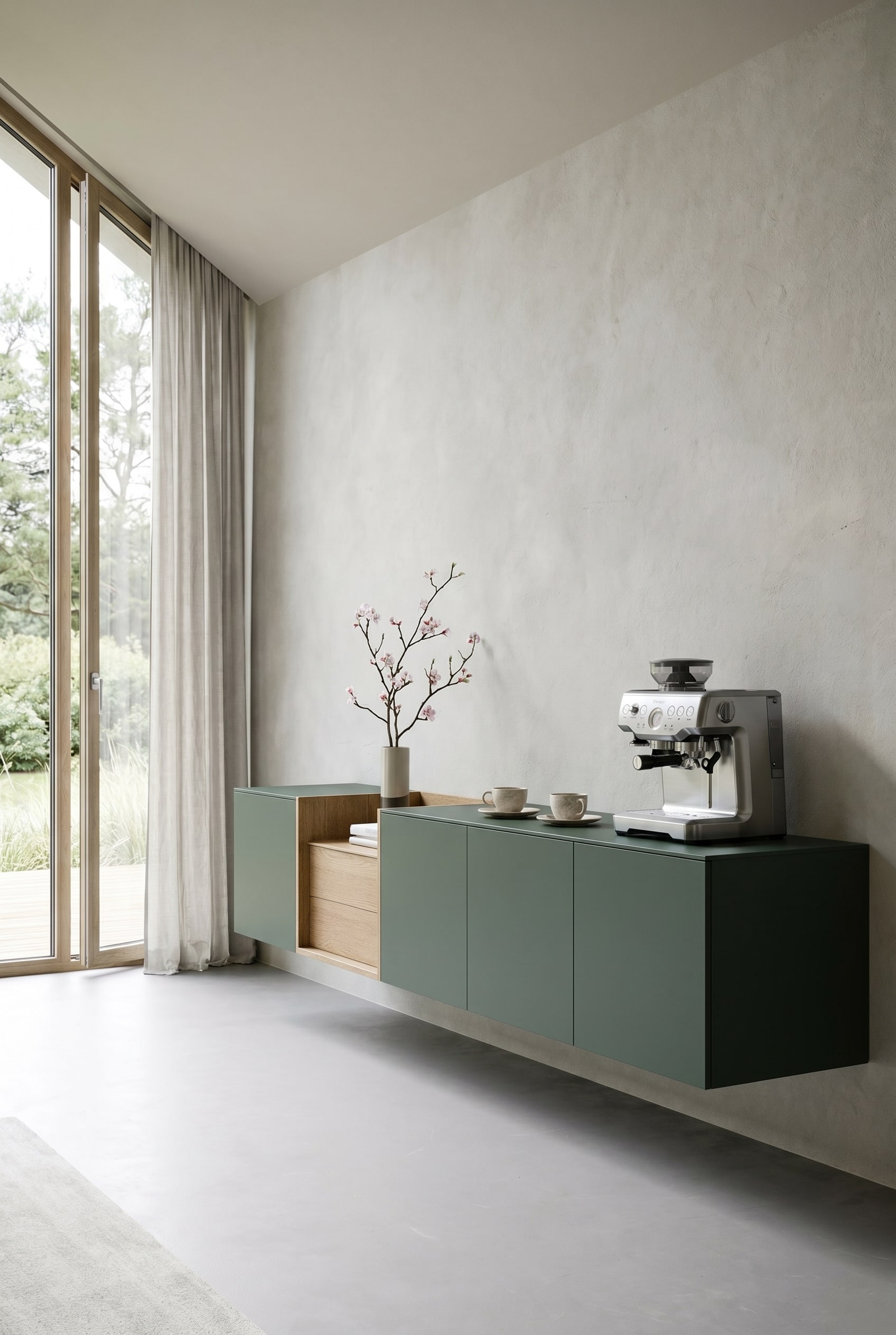 Schwebendes Novamobili Box 18 Wand Sideboard in Salbeigrün, minimalistisch dekoriert mit einer edlen Kaffeemaschine und feinen Tassen für einen eleganten Frühlingsbrunch. Schwebendes Novamobili Box 18 Wand Sideboard in Salbeigrün, minimalistisch dekoriert mit einer edlen Kaffeemaschine und feinen Tassen für einen eleganten Frühlingsbrunch.