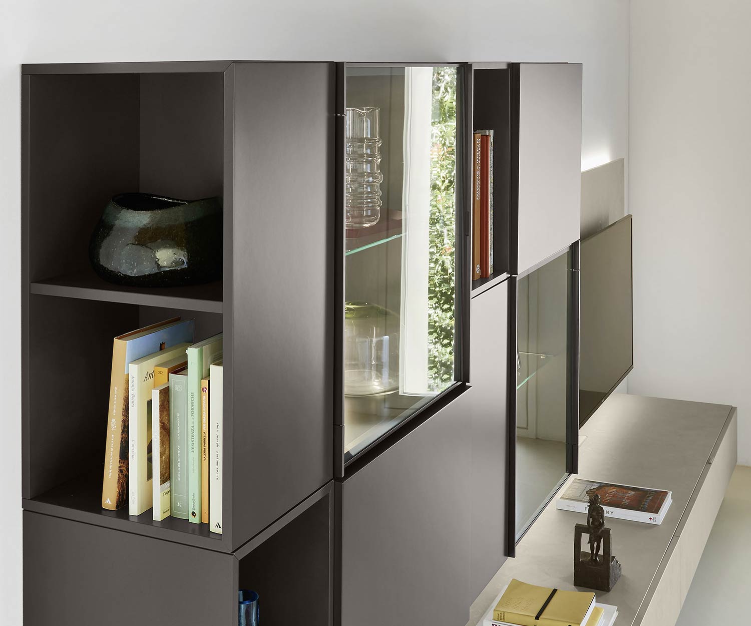 Modern Livitalia Design wall unit C39 glass doors with lighting in brown matt