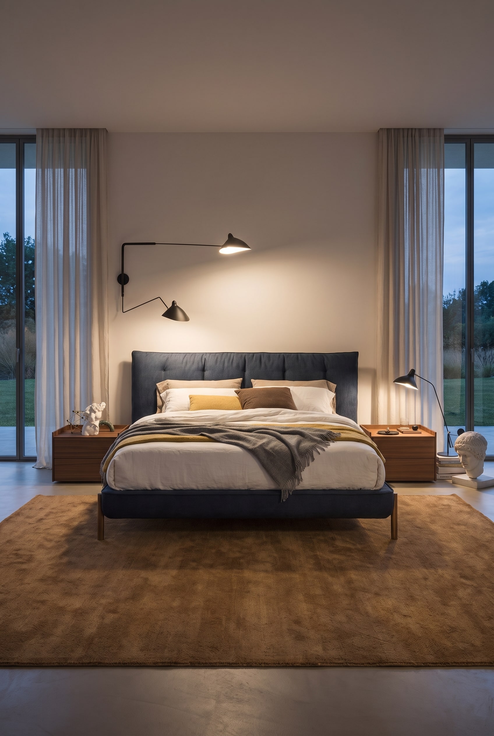 Elegantes Schlafzimmer mit modernem Polsterbett in Dunkelblau auf einem gro&szlig;en, weichen Teppich platziert