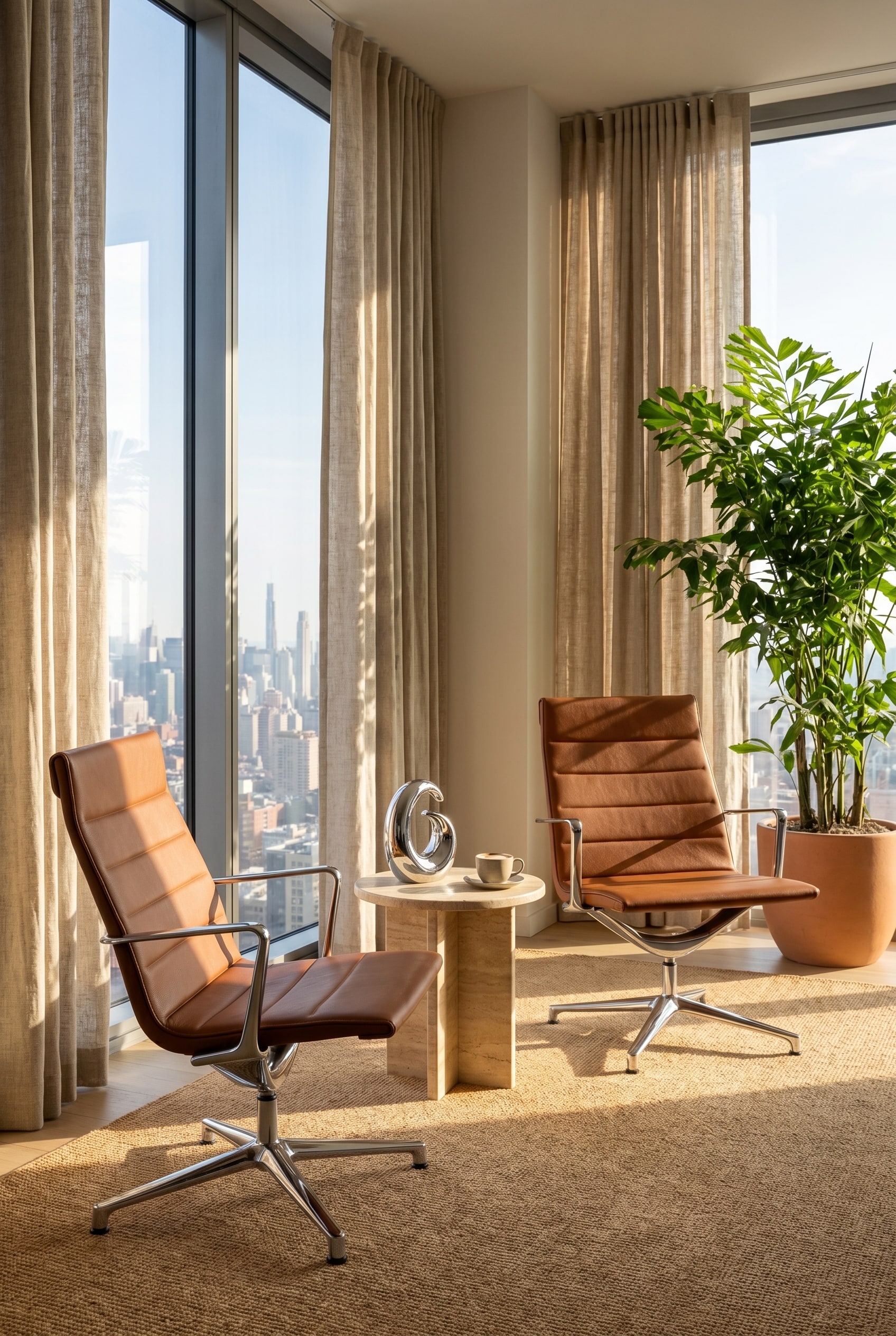 Cognacfarbener Lounge-B&uuml;rostuhl in einer sonnigen Ecke mit gro&szlig;em Fenster und strukturierten Leinen-Vorh&auml;ngen