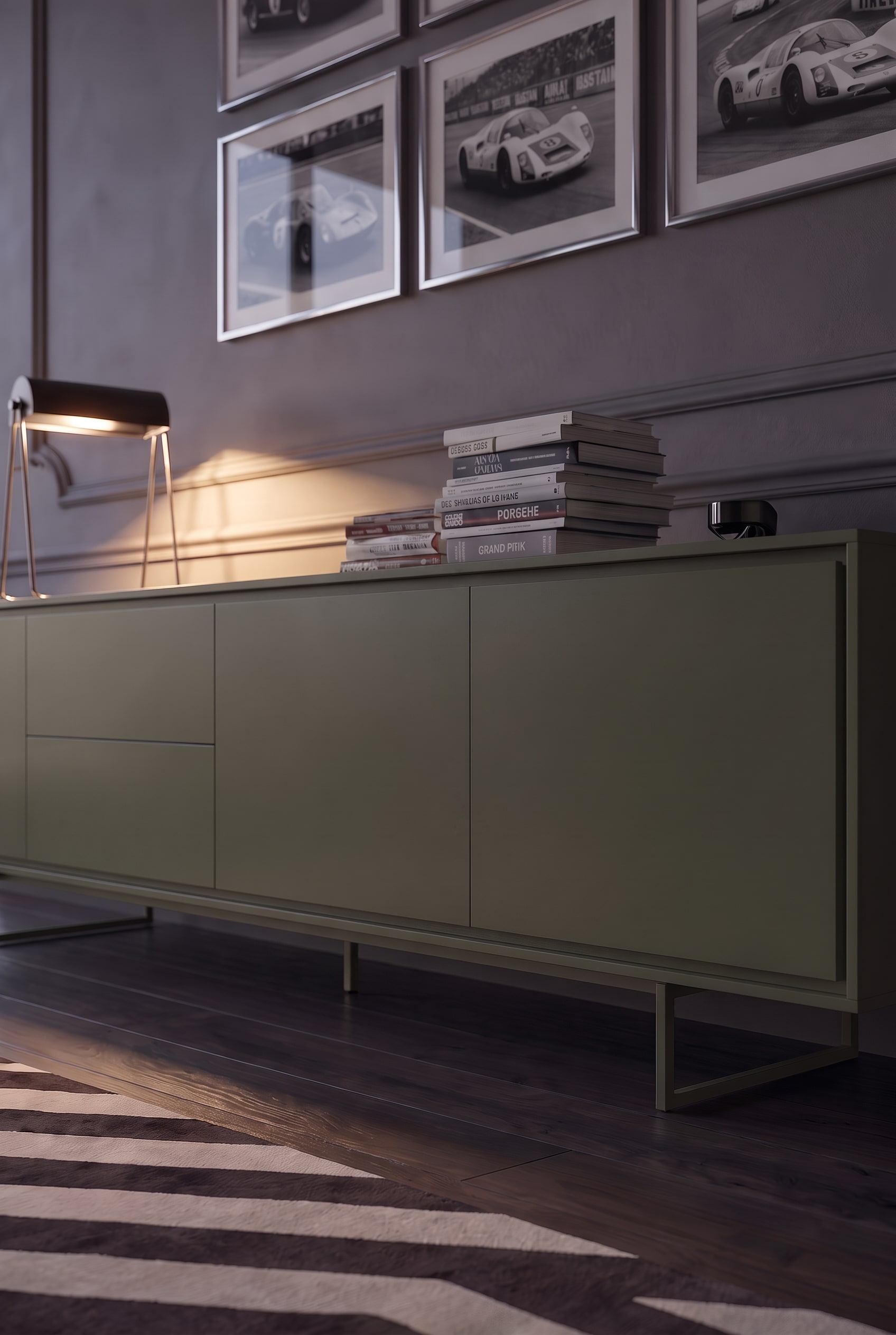 Smooth, handleless front of an olive green sideboard with fine shadow gaps in soft grazing light.