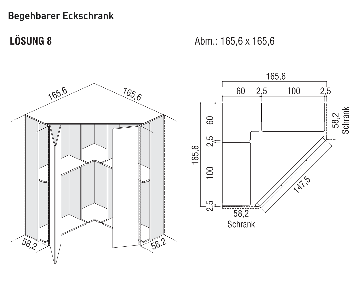 Begehbarer Eckschrank Alfa YNCA 165x165 cm