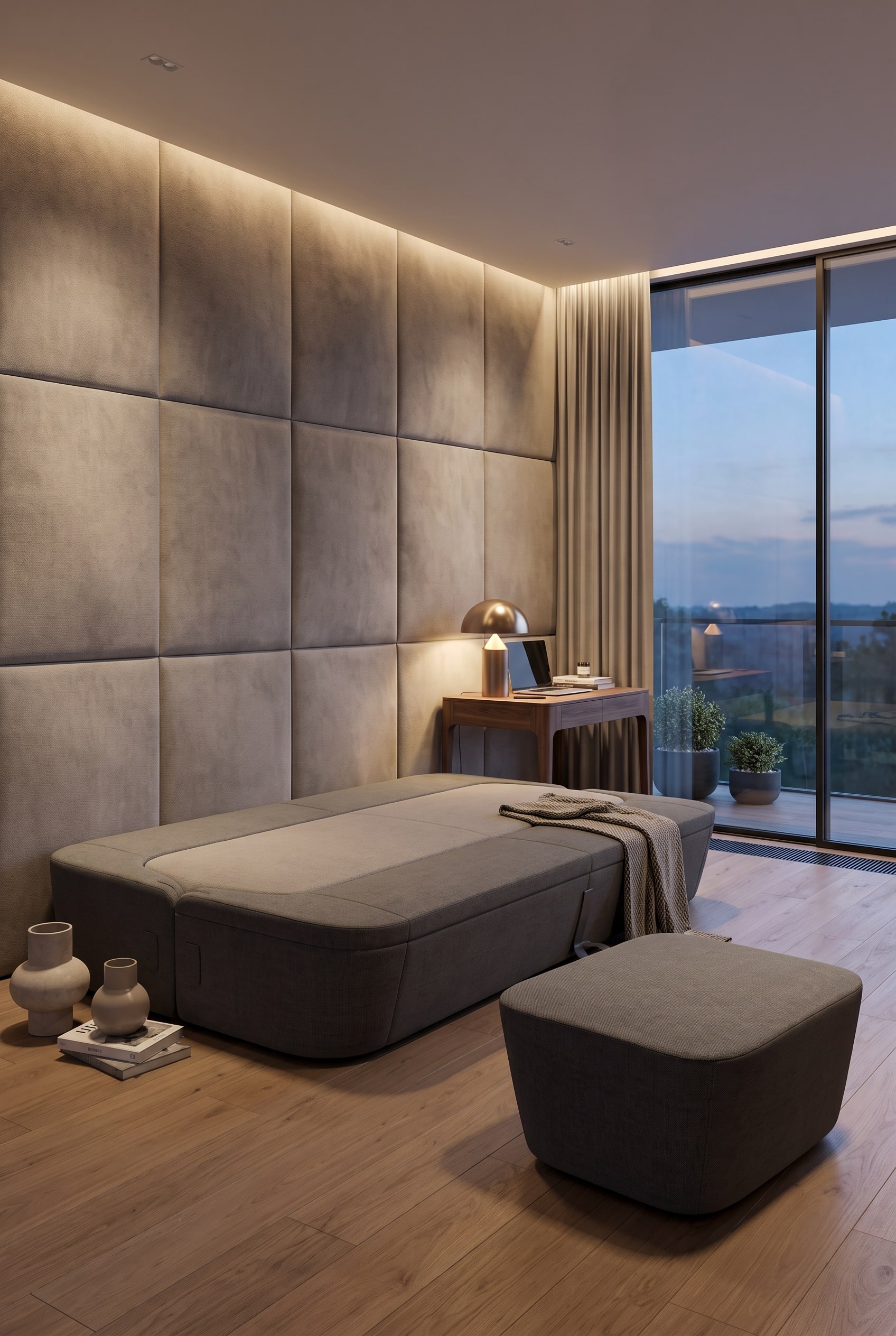 Ein modern eingerichtetes G&auml;stezimmer mit einem stilvollen Schlafsofa, platziert vor einer gem&uuml;tlichen Wandverkleidung aus textilen Akustikpaneelen.