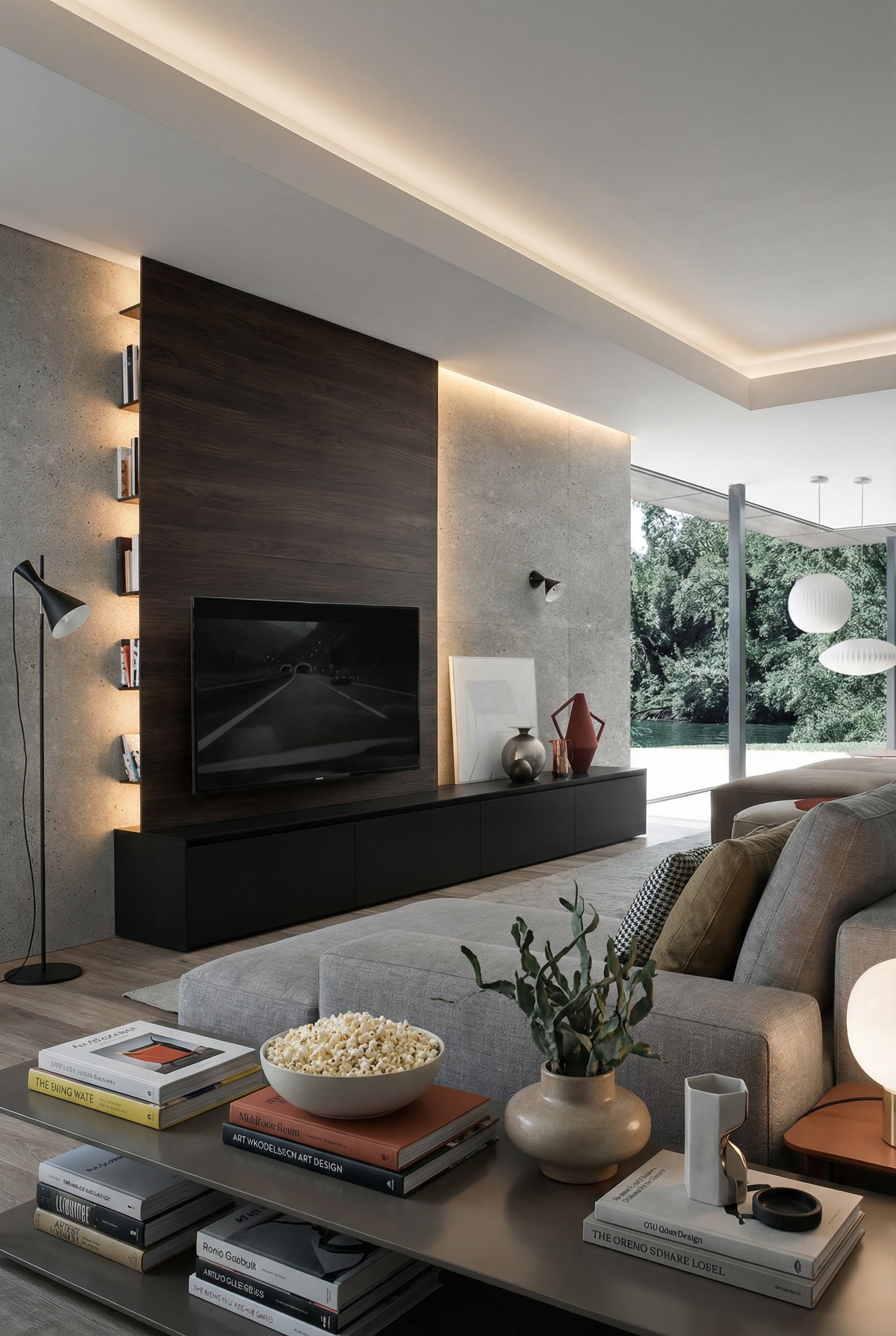 Schwebendes Novamobili Reverse TV Wandpaneel mit versteckten seitlichen Regalfächern in einem minimalistischen Wohnzimmer. Schwebendes Novamobili Reverse TV Wandpaneel mit versteckten seitlichen Regalfächern in einem minimalistischen Wohnzimmer.