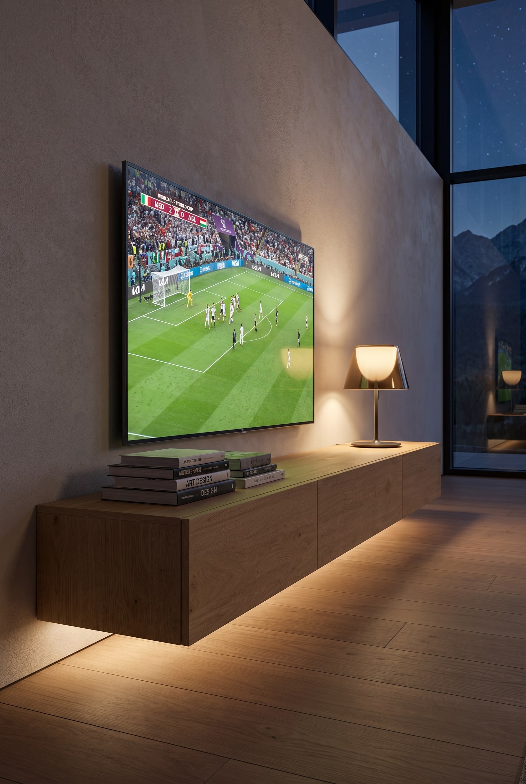 Hochwertiges Lowboard mit Fronten aus Holzlamellen, hinter denen eine Soundbar unsichtbar integriert ist, darunter indirekte Beleuchtung