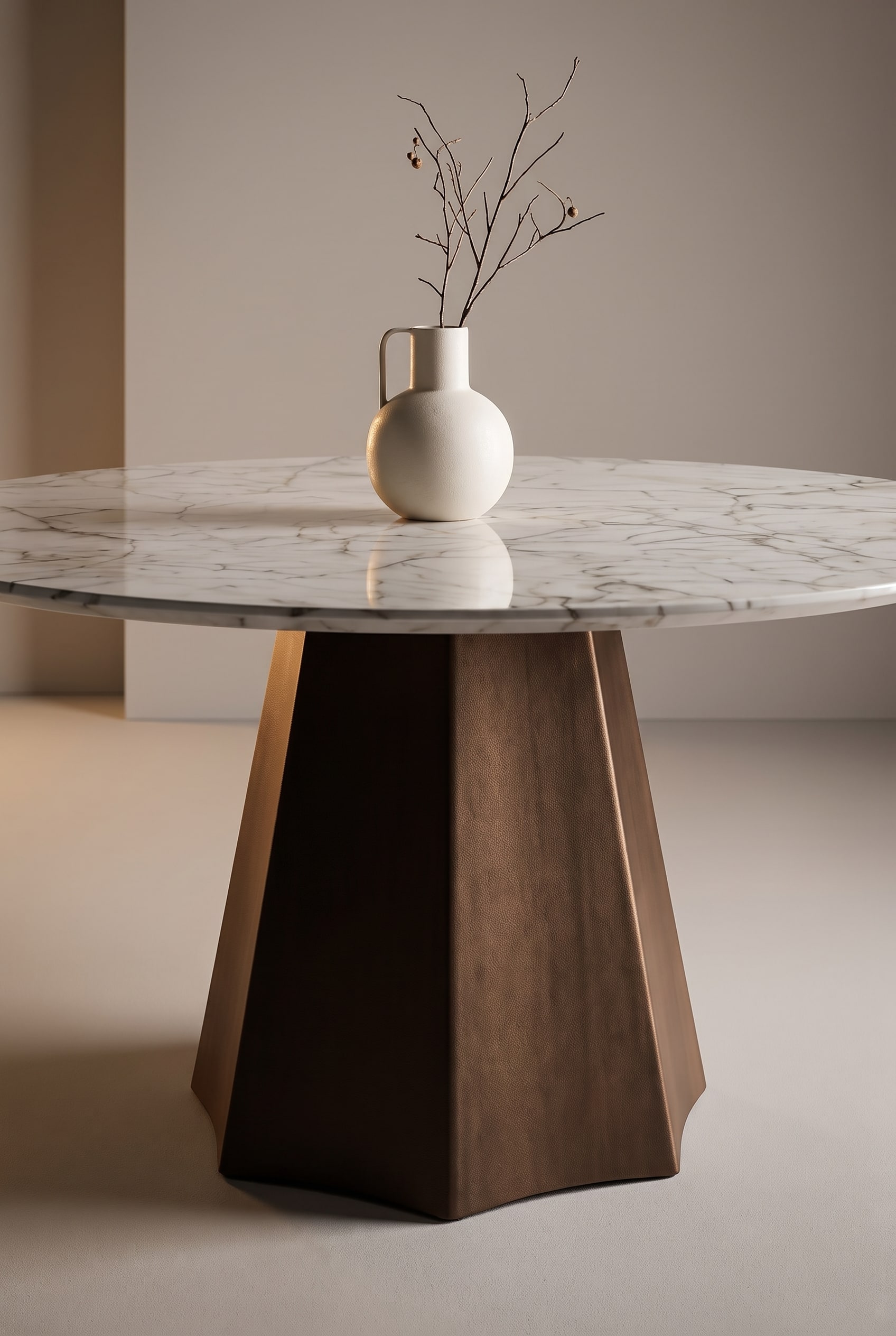 Detailed view of the distinctive polyhedron pedestal base of the Livitalia Ceramic Dining Table Poliedro.