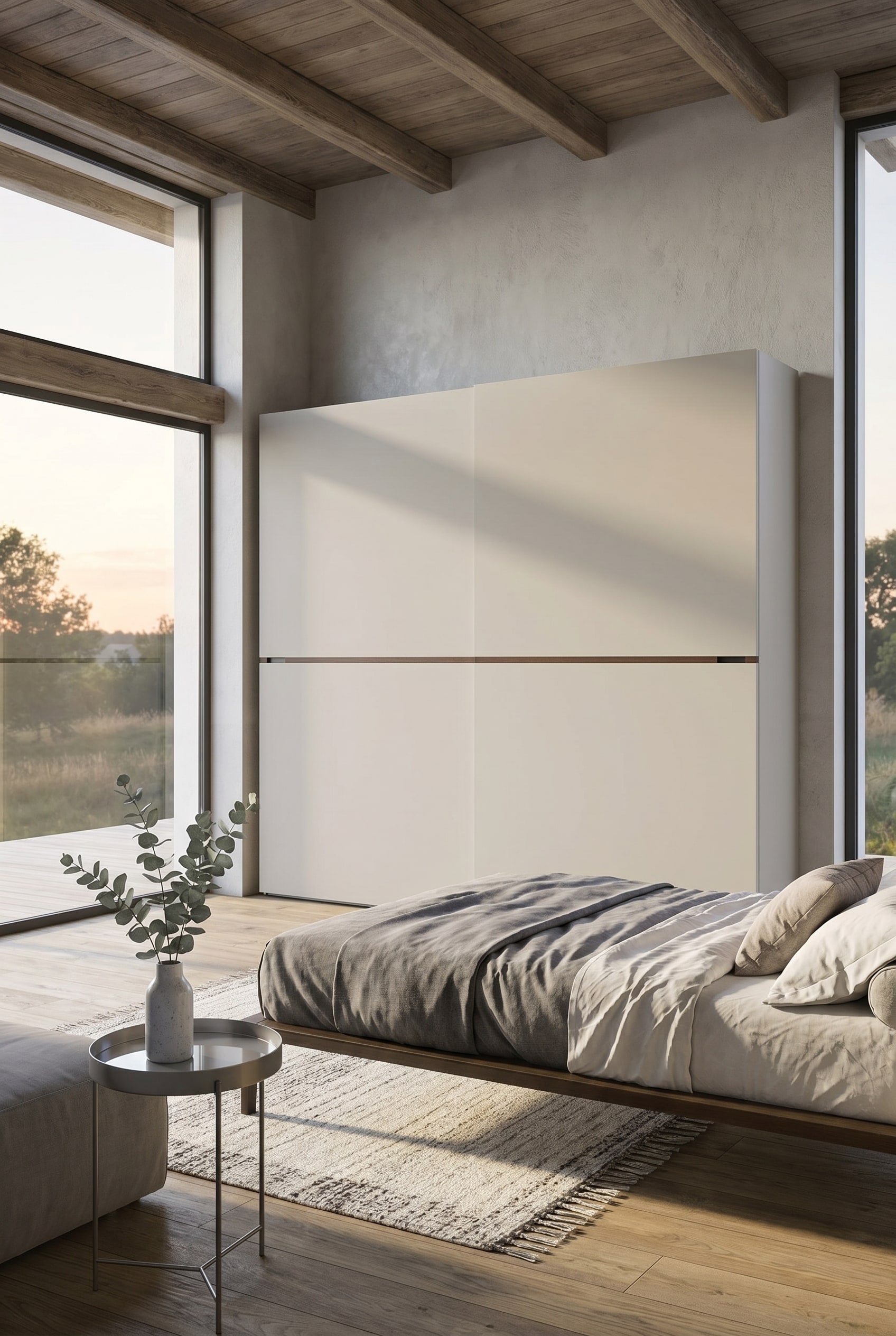 Minimalistisches Feng Shui Schlafzimmer mit breitem Schiebet&uuml;renschrank in matten T&ouml;nen