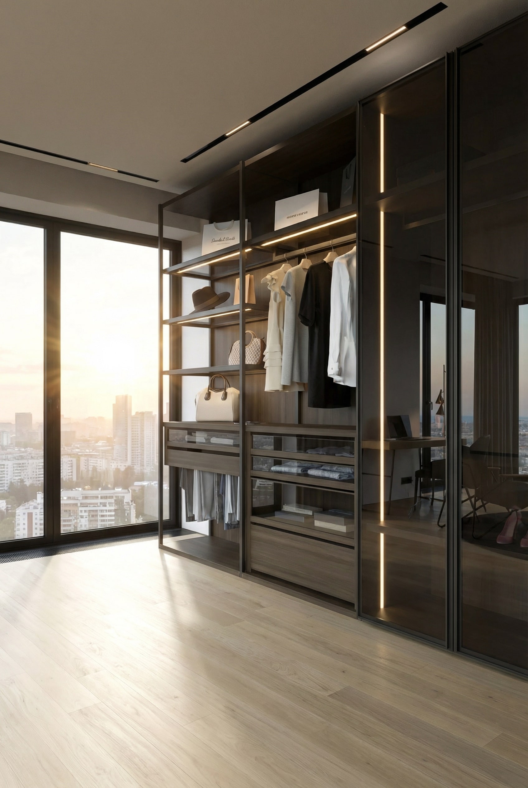 Elegantes Ankleidezimmer mit rauchgrauen Glastüren im Boutique-Stil Elegantes Ankleidezimmer mit rauchgrauen Glastüren im Boutique-Stil