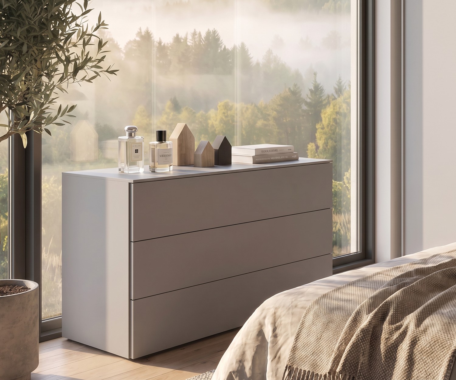 Moderne Livitalia Atena Design-Kommode fürs Schlafzimmer Atena Kommode von Livitalia zur Schlafzimmer-Aufbewahrung vor einem Panoramafenster im modernen, minimalistischen Stil.