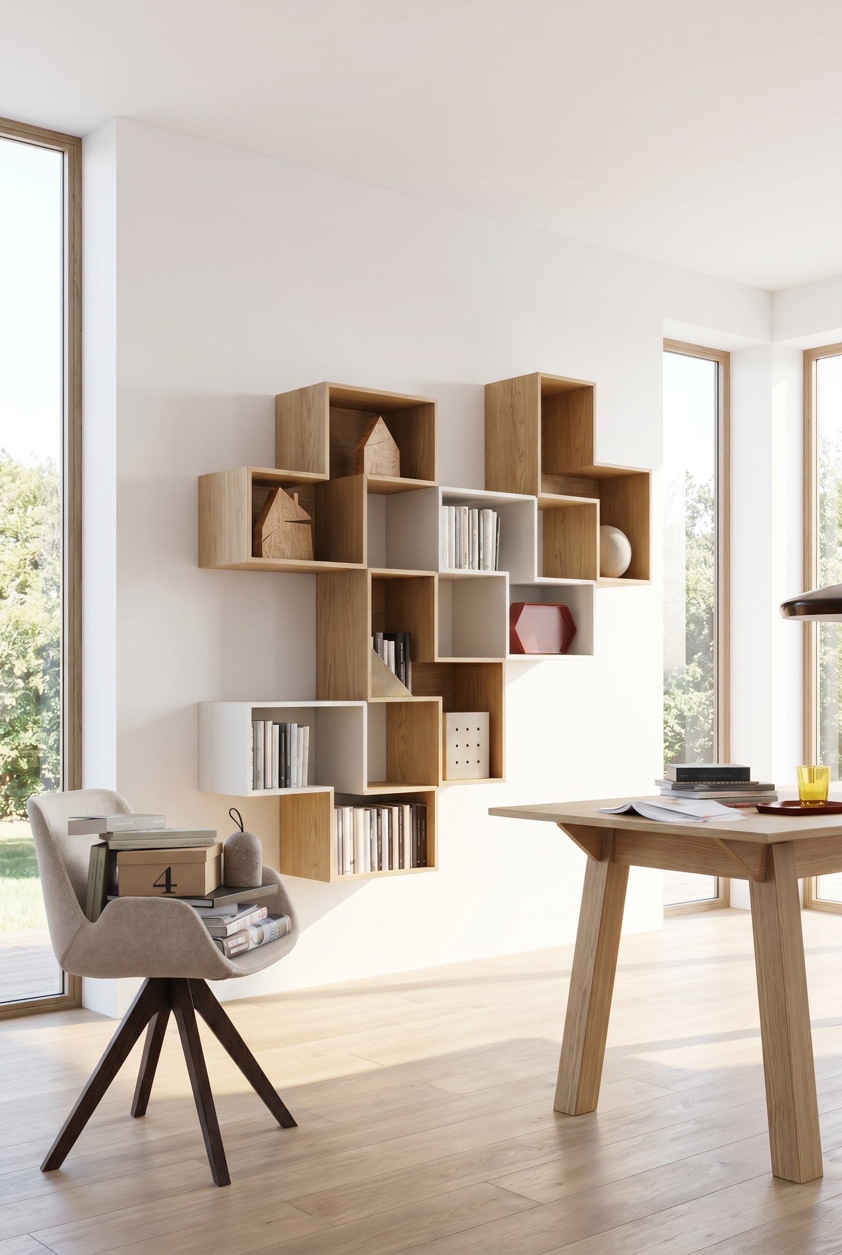 Bright study with an interlocking, open Livitalia Tetris wall shelf made of oak wood and matte lacquer on a white wall