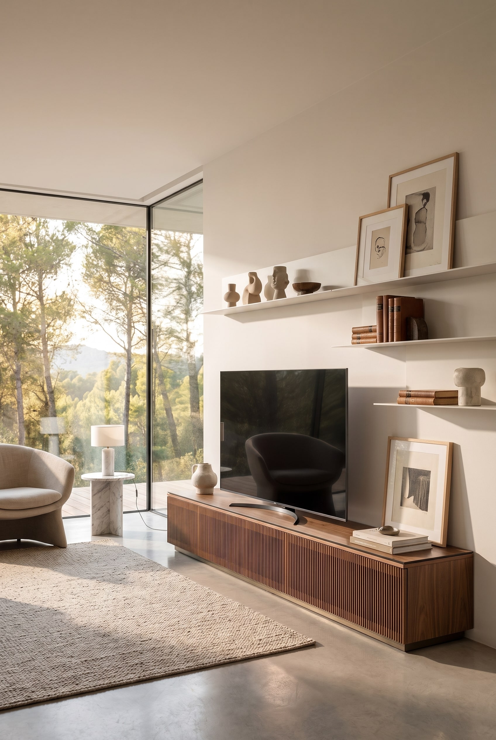 Detailed view of the Punt Malmö TV Lowboard in a modern living room, where elegant wooden fronts conceal the technology.