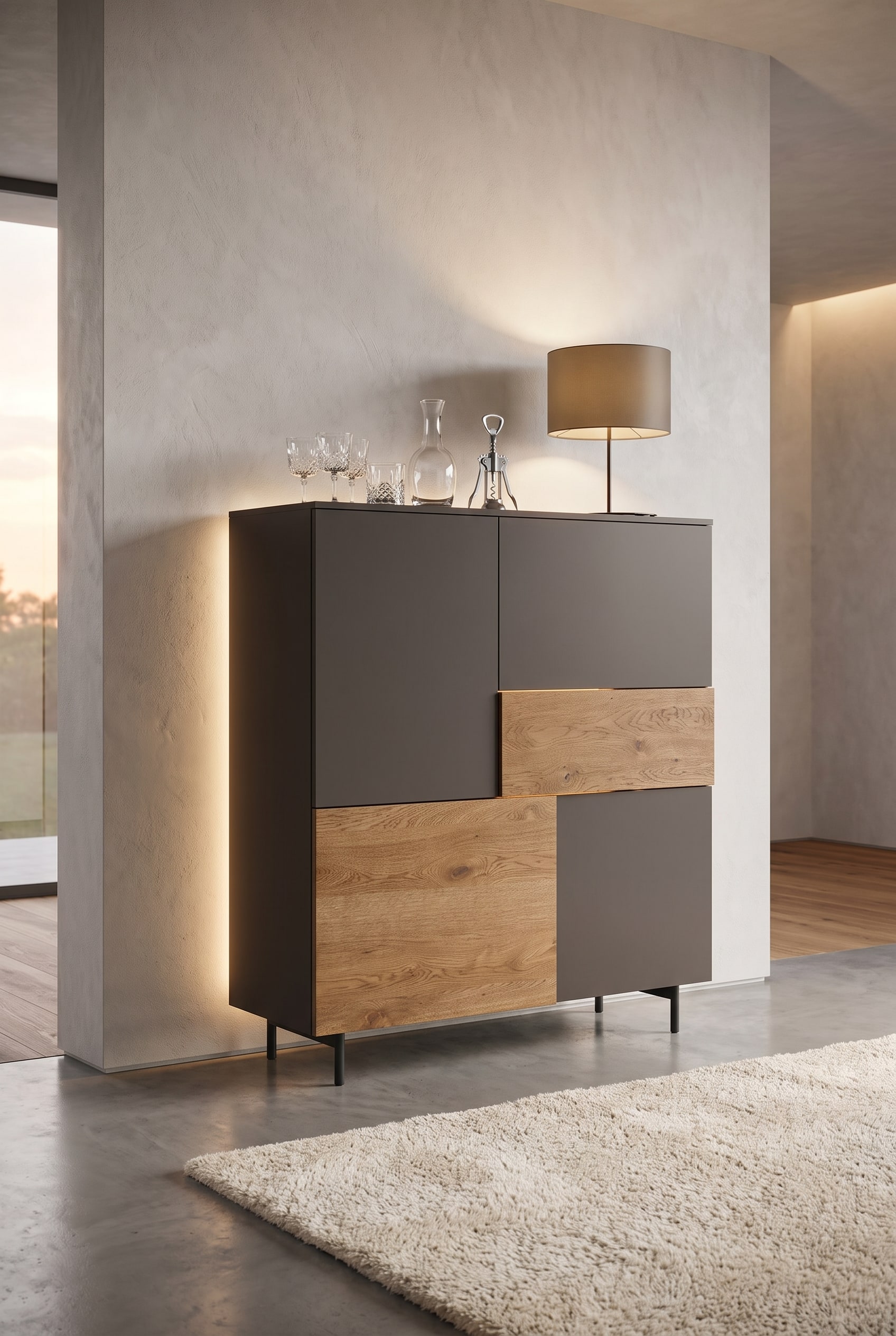 Modern Livitalia Incontro Highboard with asymmetrical lines in front of an elegant wall in the living room