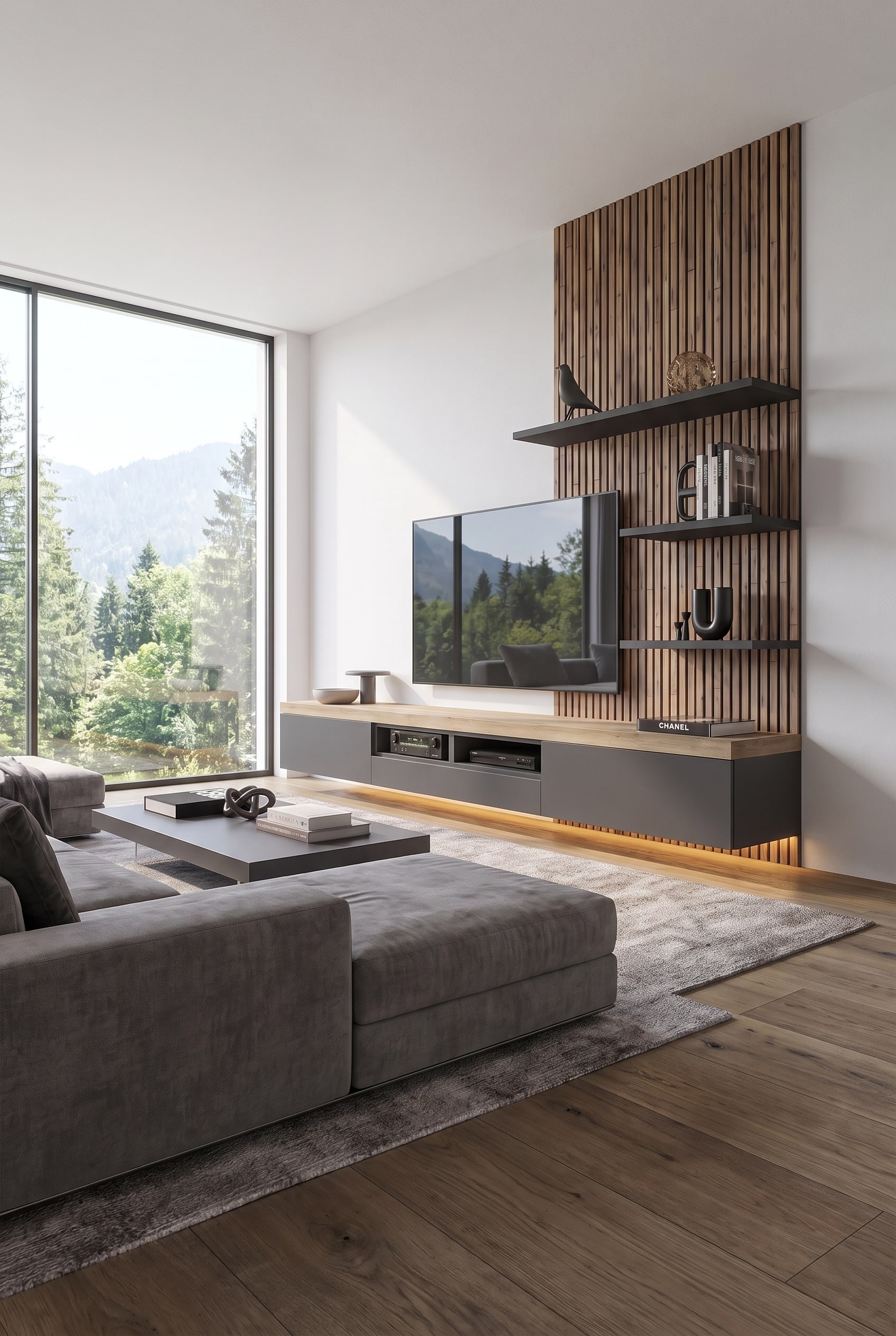 Aufger&auml;umtes Wohnzimmer mit schwebendem Lowboard in Mattwei&szlig; und indirekter Beleuchtung