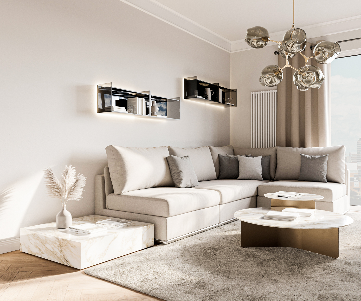 Exklusives Livitalia Design Glas Wandregal im Wohnzimmer über Couch Exklusives Livitalia Design Glas Wandregal im Wohnzimmer über Couch