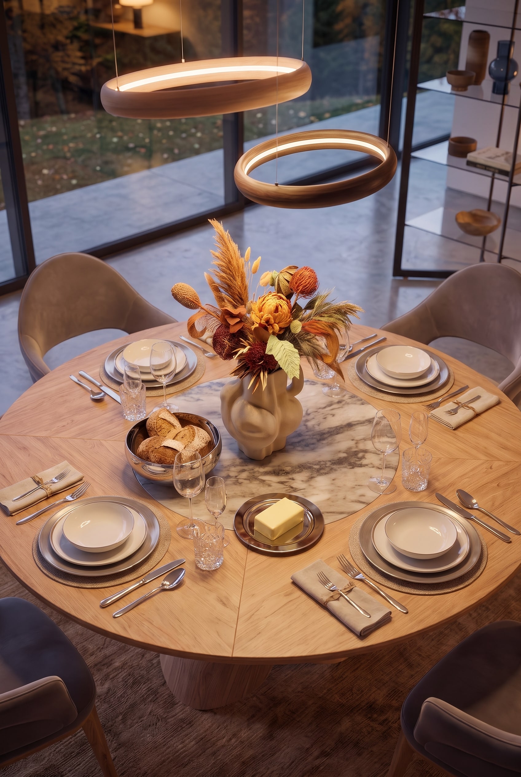 Top-down view of a set round dining table with plates, cutlery, a chrome bread basket, and a flower vase.