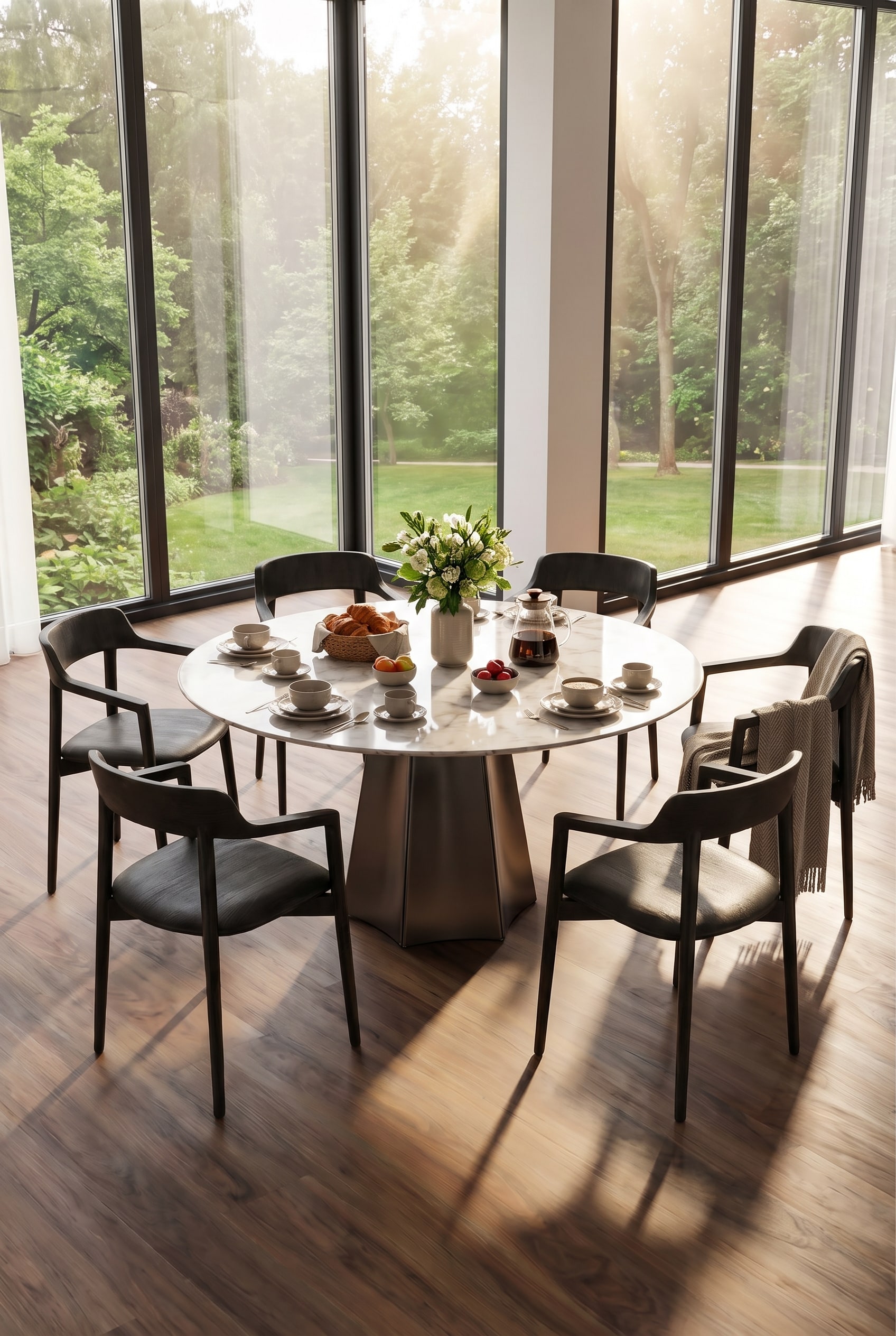 A stylishly set Livitalia Ceramic Dining Table Poliedro during a family Sunday breakfast.