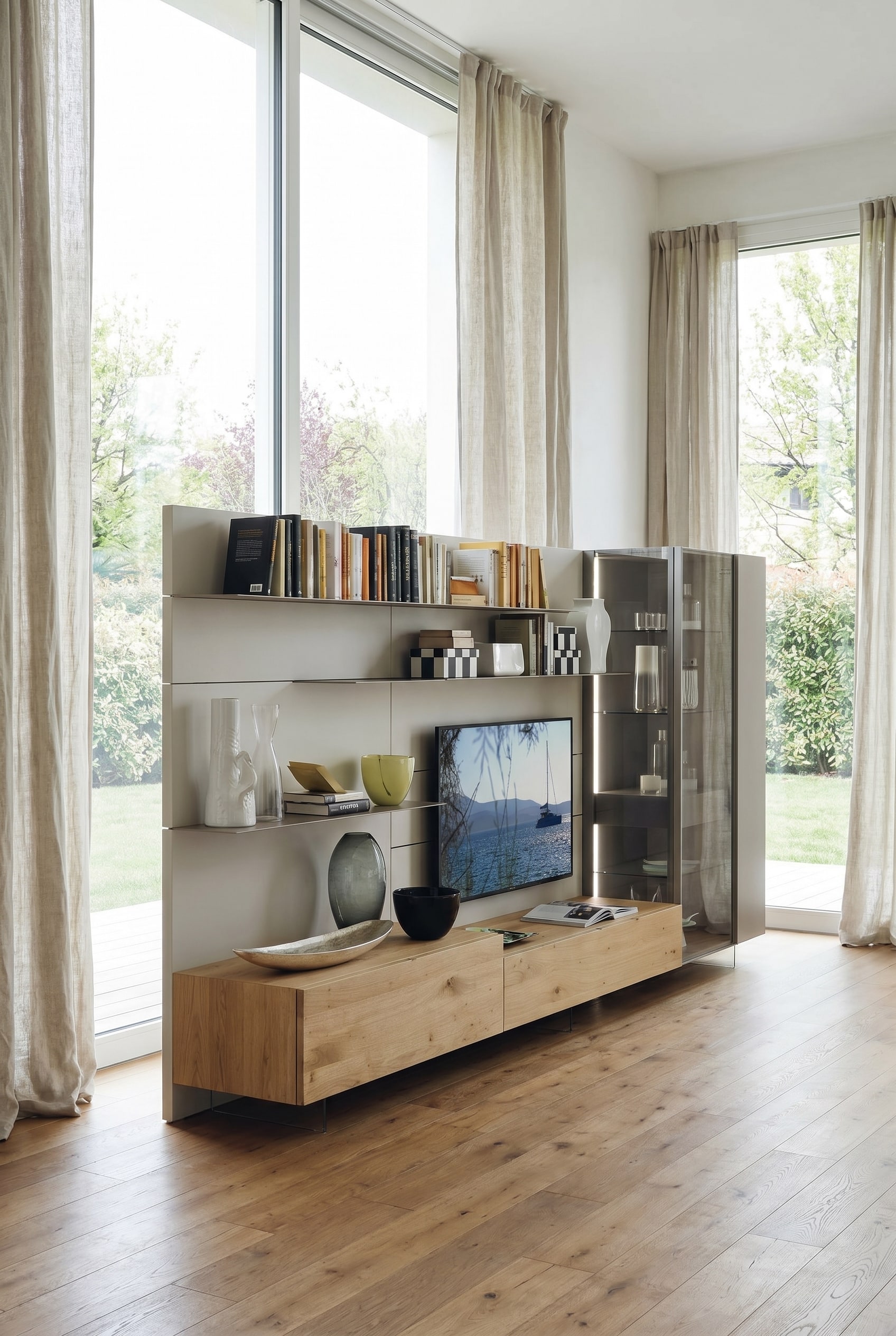 Wohnwand mit Holzelementen und integrierter, beleuchteter Rauchglasvitrine Wohnwand mit Holzelementen und integrierter, beleuchteter Rauchglasvitrine