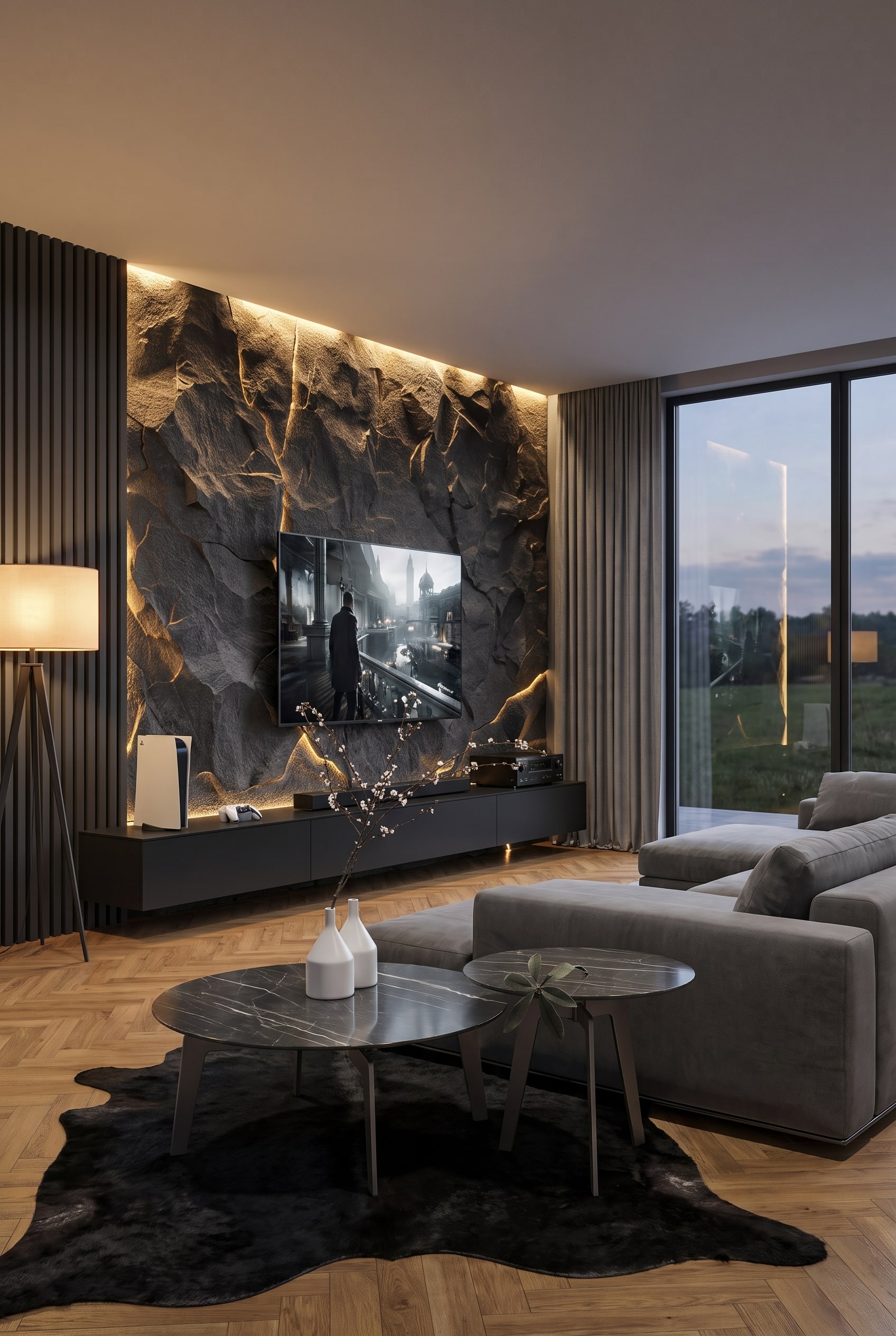 An elegantly furnished living room with subtle, warm white indirect lighting behind the monitor and a minimalist side table next to the sofa.