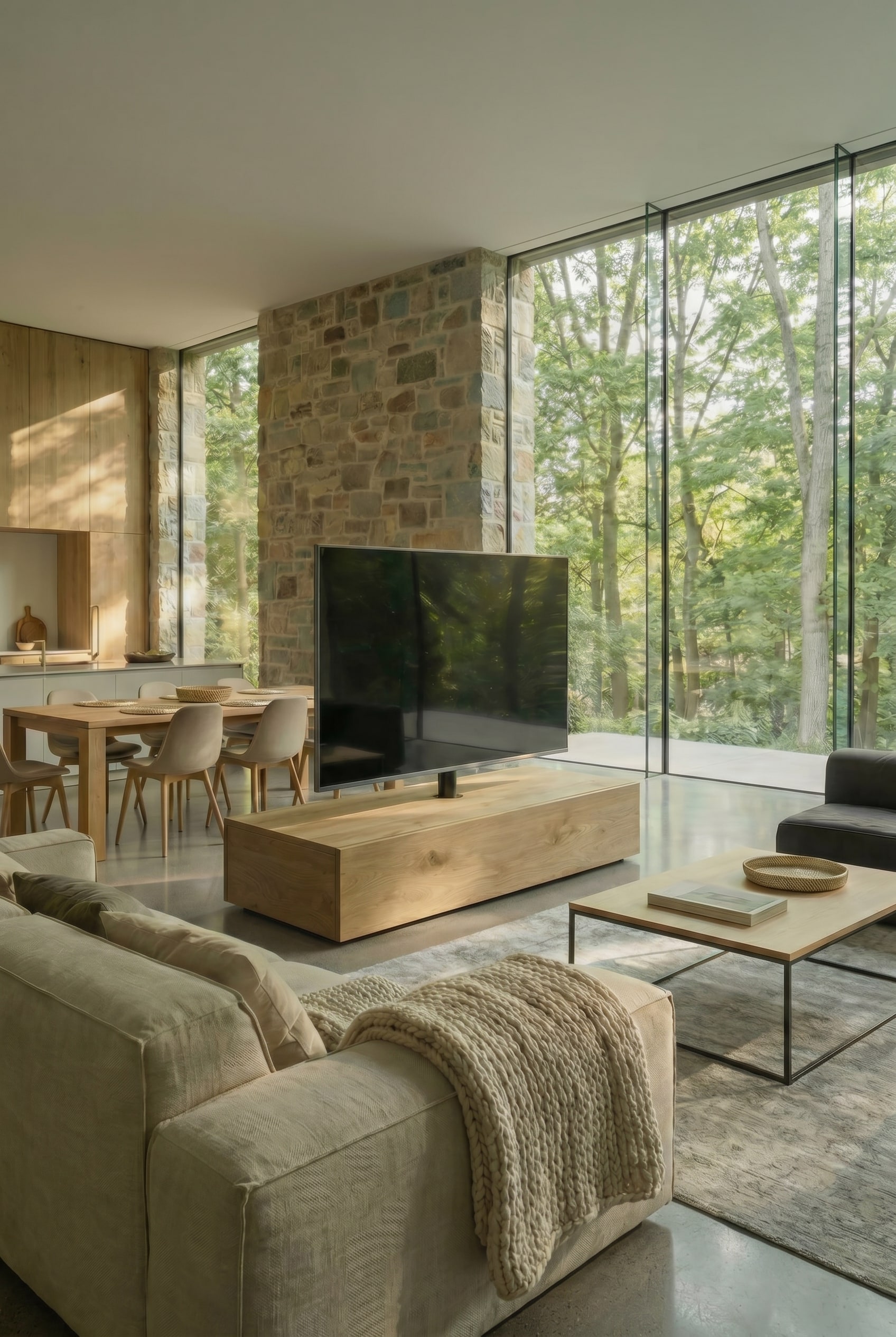 Modernes Wohnzimmer mit schwarzem Livitalia Roto Slim TV Raumteiler als freistehendes Element mit drehbarem Panel