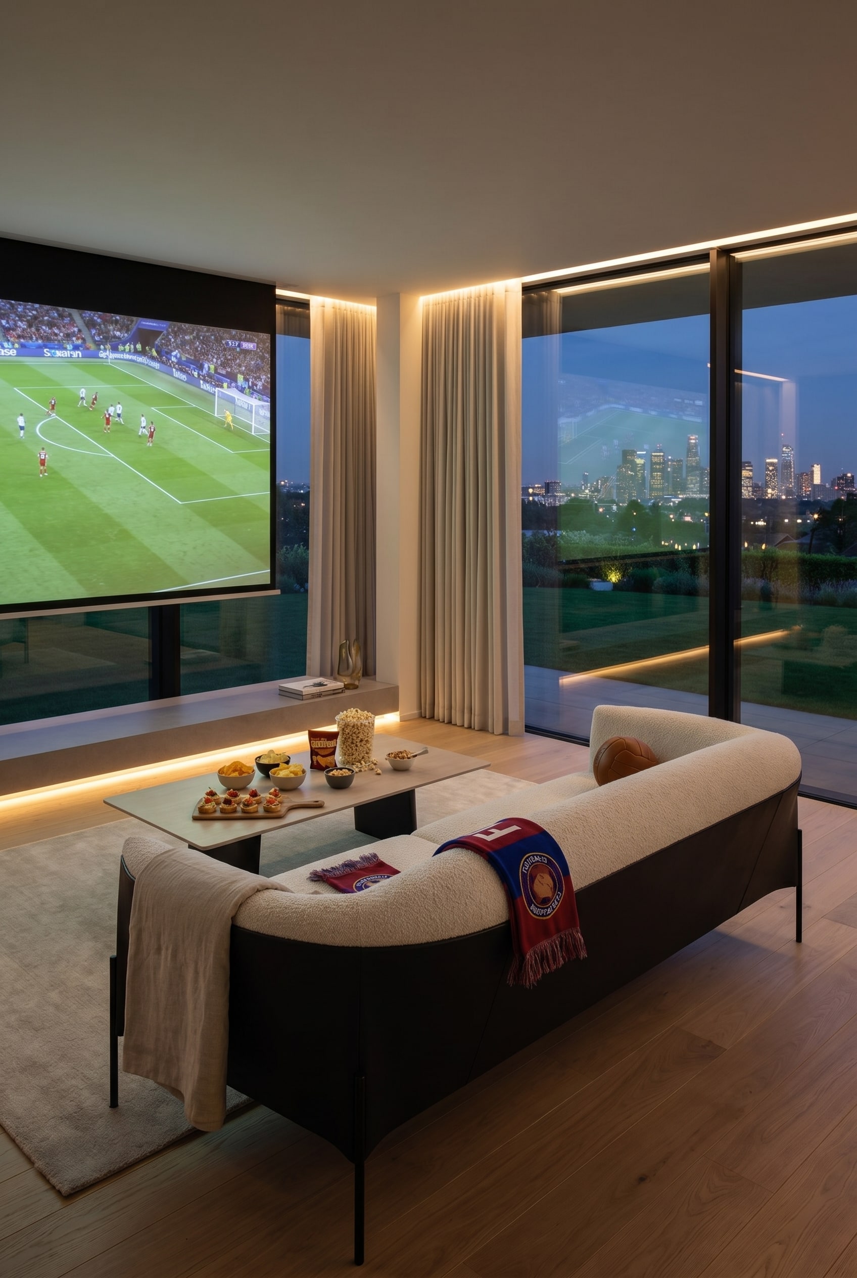 Modern living room with a generous beige modular sofa, elegant coffee table, and large panoramic window with city view