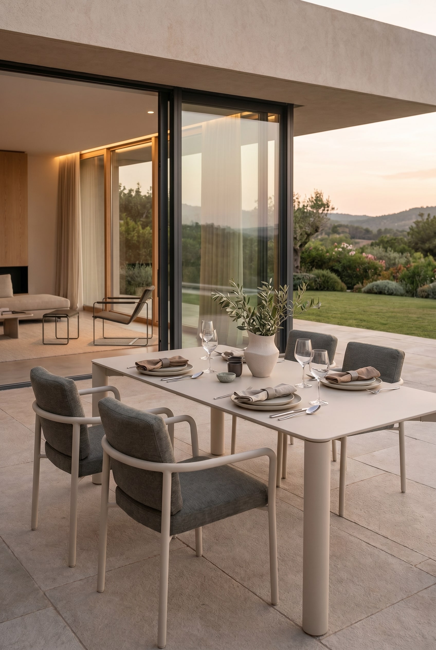Moderne Gartenterrasse mit gro&szlig;em Outdoor-Esstisch in minimalistischem Design und eleganter Tischdekoration