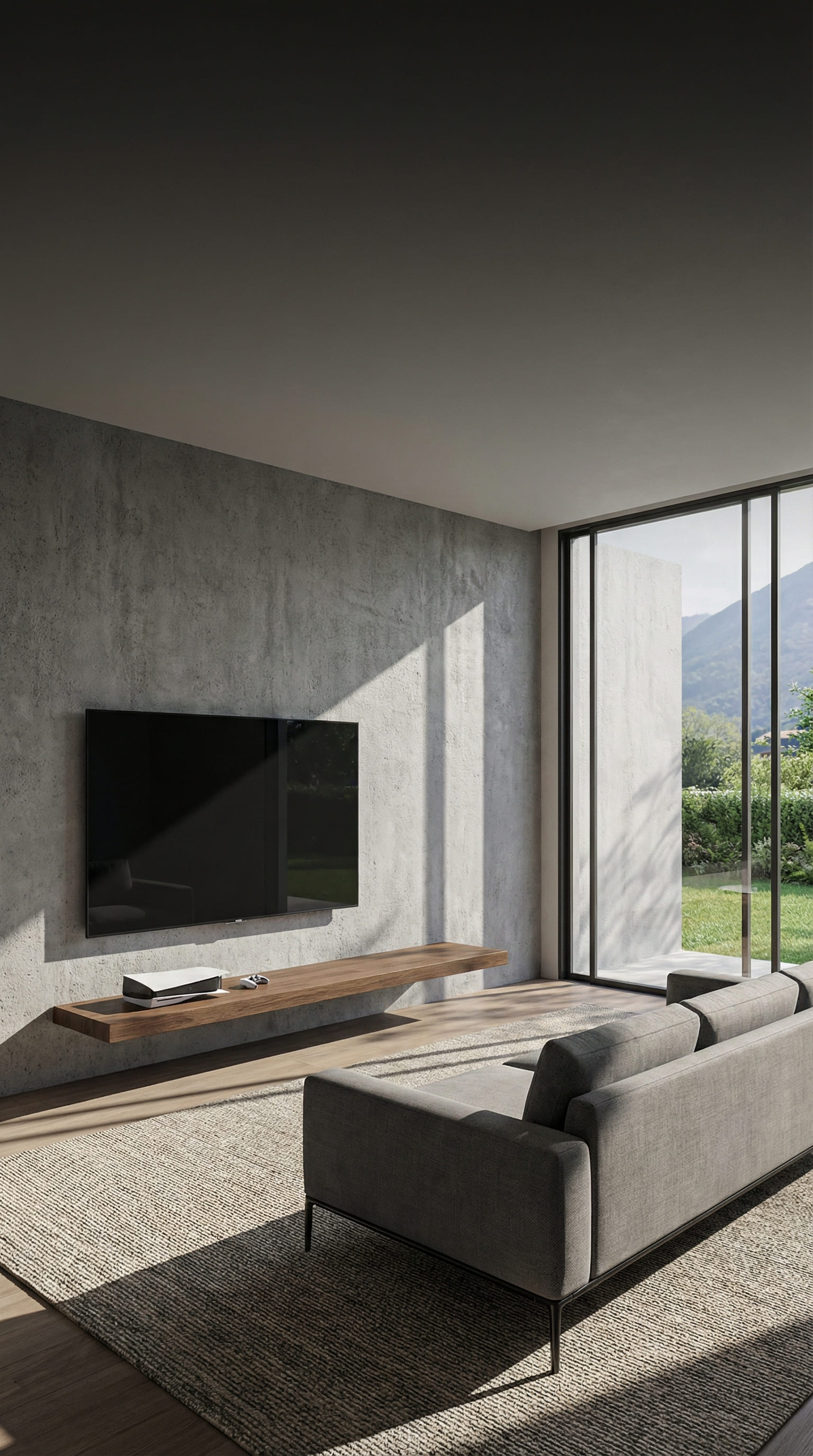 Schwebendes Wandboard aus dunkler Eiche unter dem TV