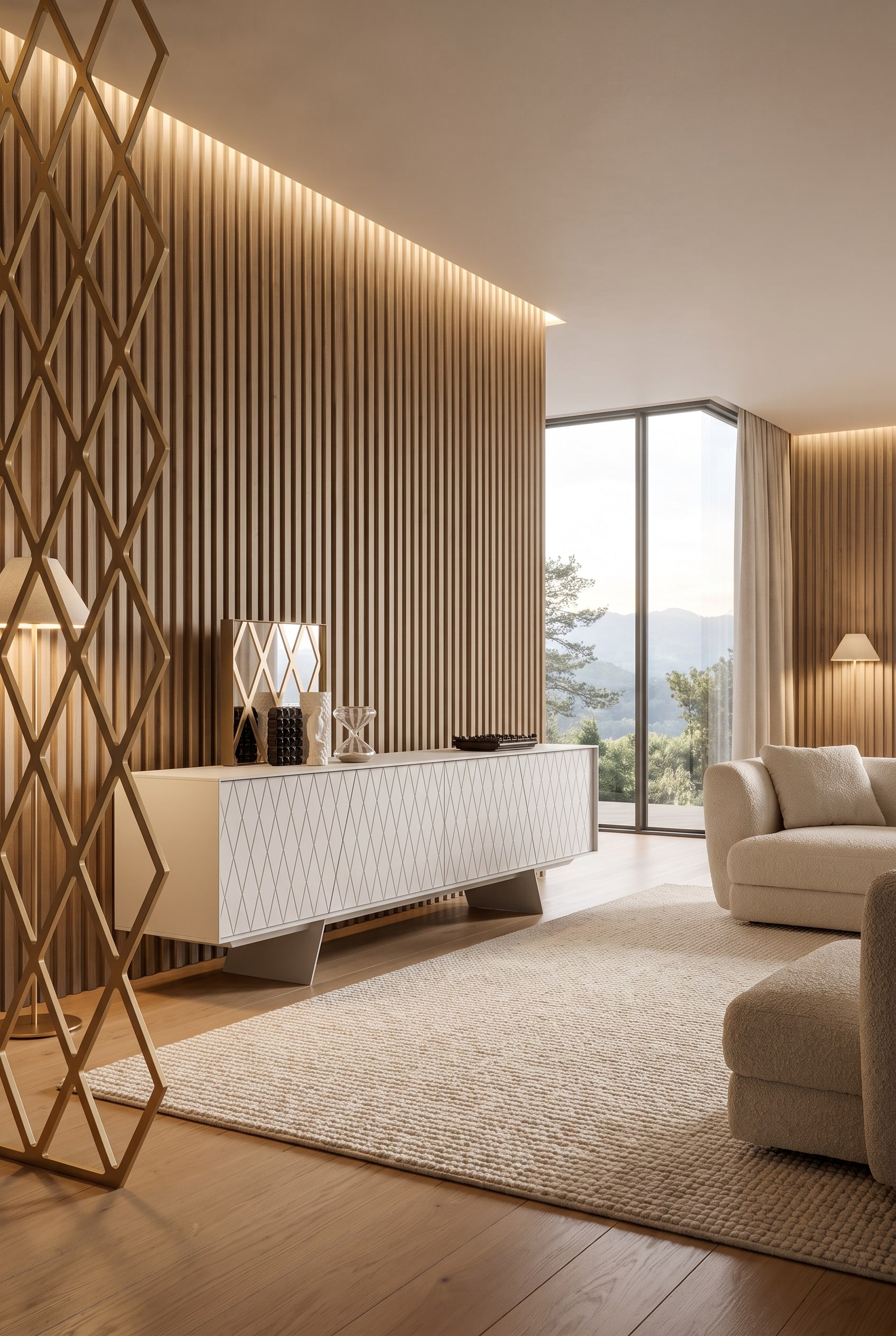 Großzügiges Wohnzimmer im Ton-in-Ton-Design mit einem massiven al2 e-klipse 003 Sideboard, dessen skulpturale Relief-Fronten markante Licht- und Schattenspiele erzeugen.