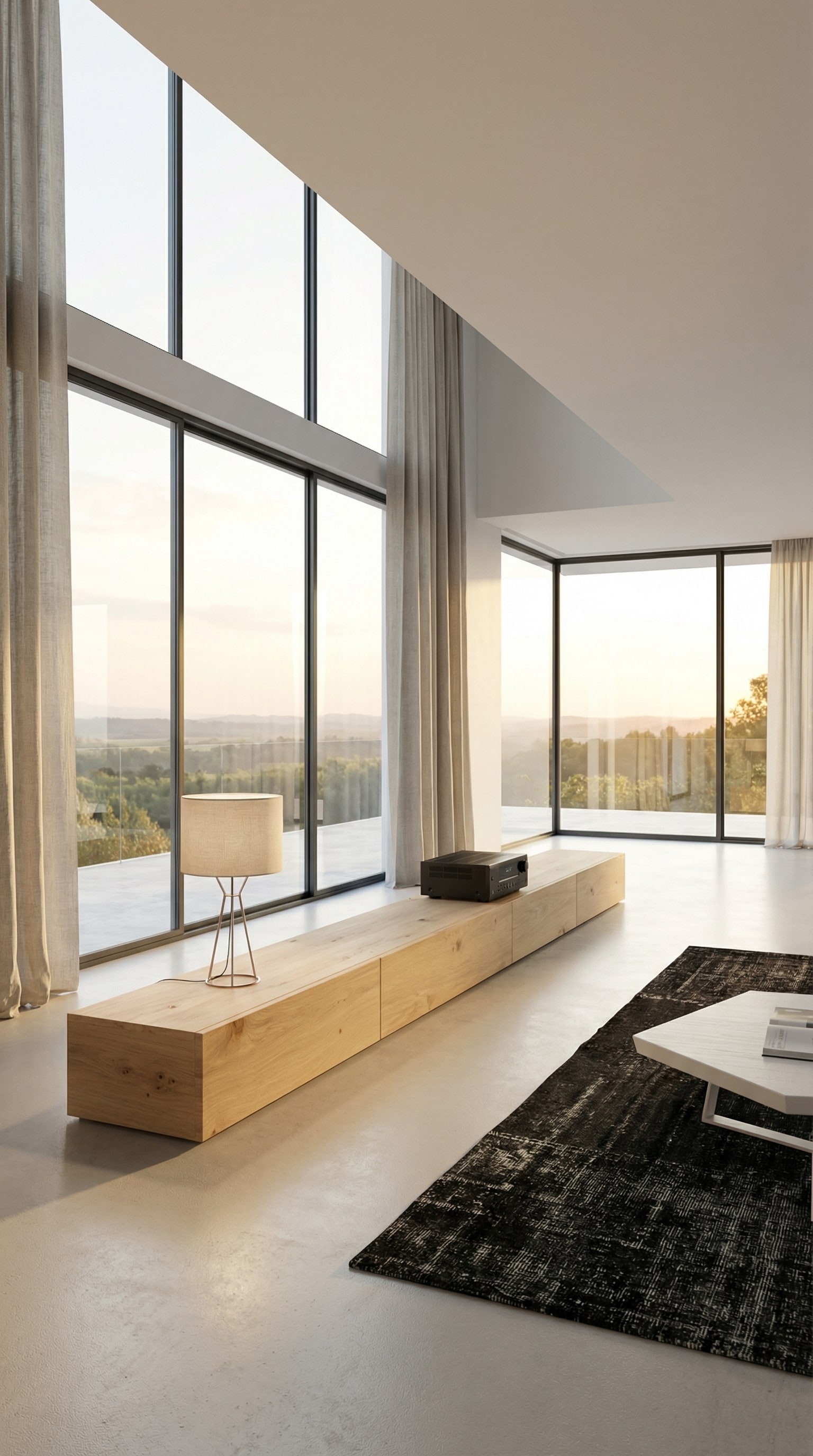 Ein extrem breites, bodennahes Livitalia Holz Lowboard in heller Eiche entlang einer Fensterfront Ein extrem breites, bodennahes Livitalia Holz Lowboard in heller Eiche entlang einer Fensterfront