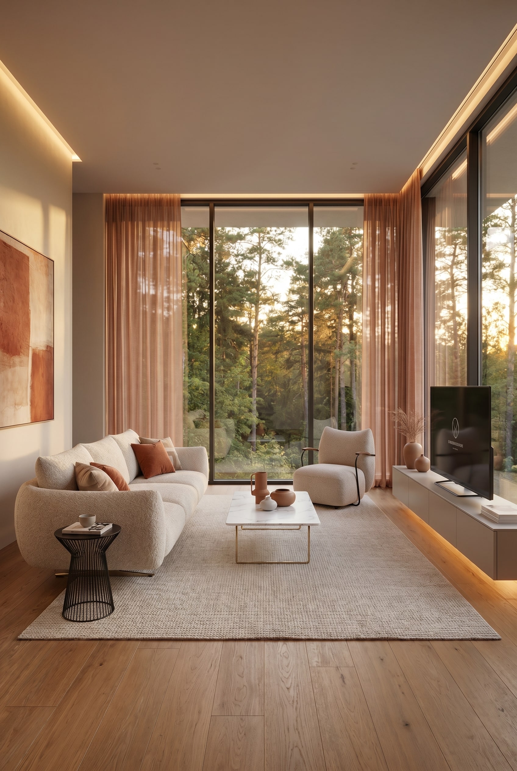 Wohnzimmer mit voluminösem beigem Stoffsofa mit abgerundeten Kanten vor warmer Erdtönung