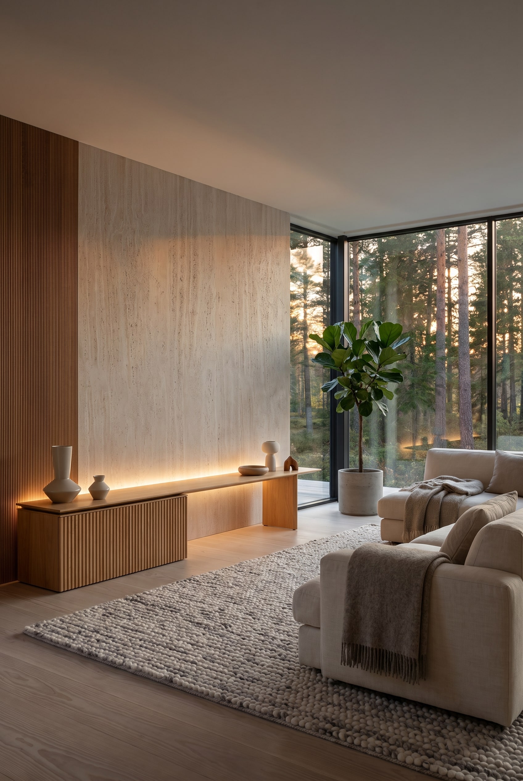 The minimalist Punt Velasca Sideboard made of light wood with a slatted structure in front of a clear wall in a Scandinavian living room.