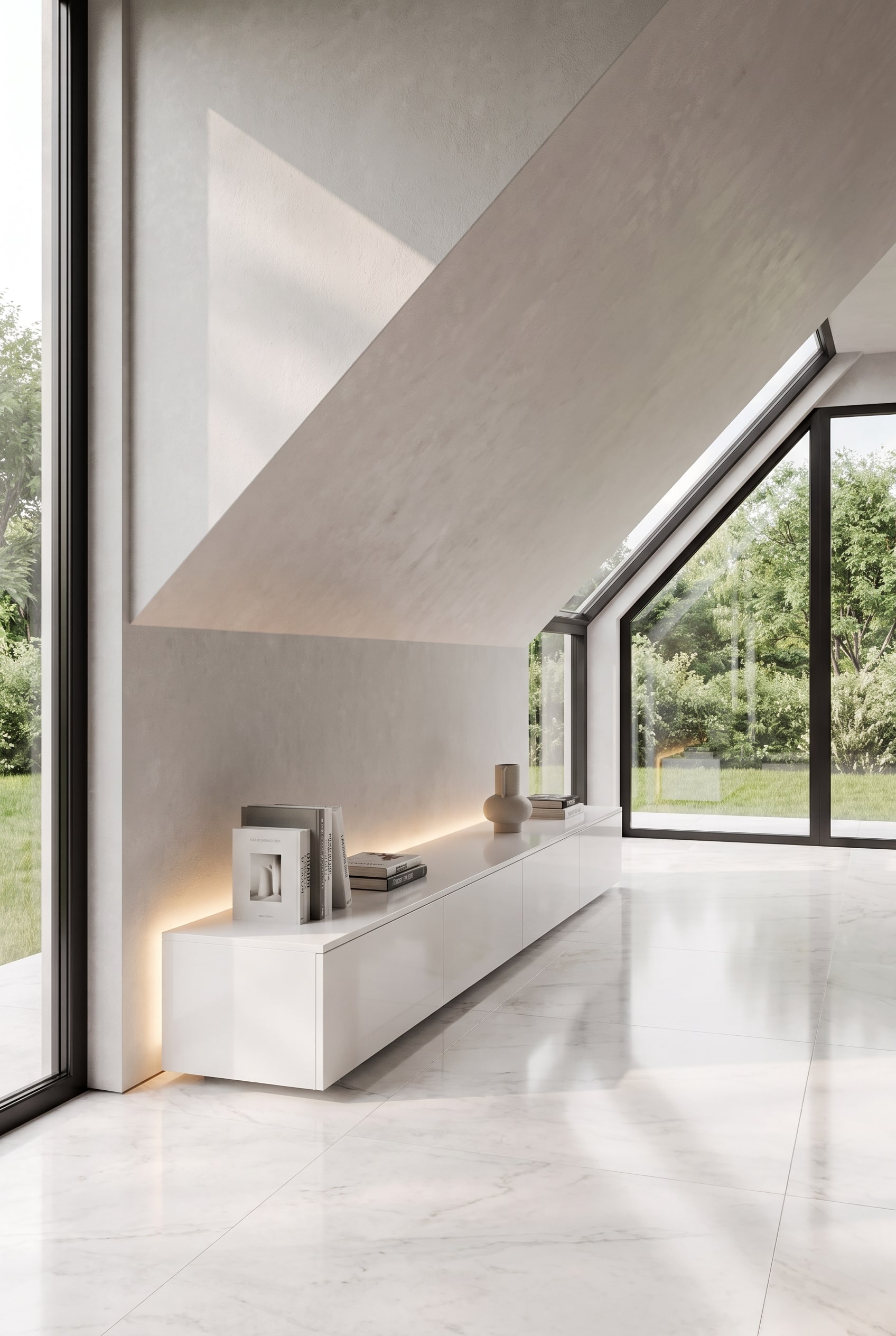 Modern living room in the attic with a continuous white lowboard under a sloped ceiling