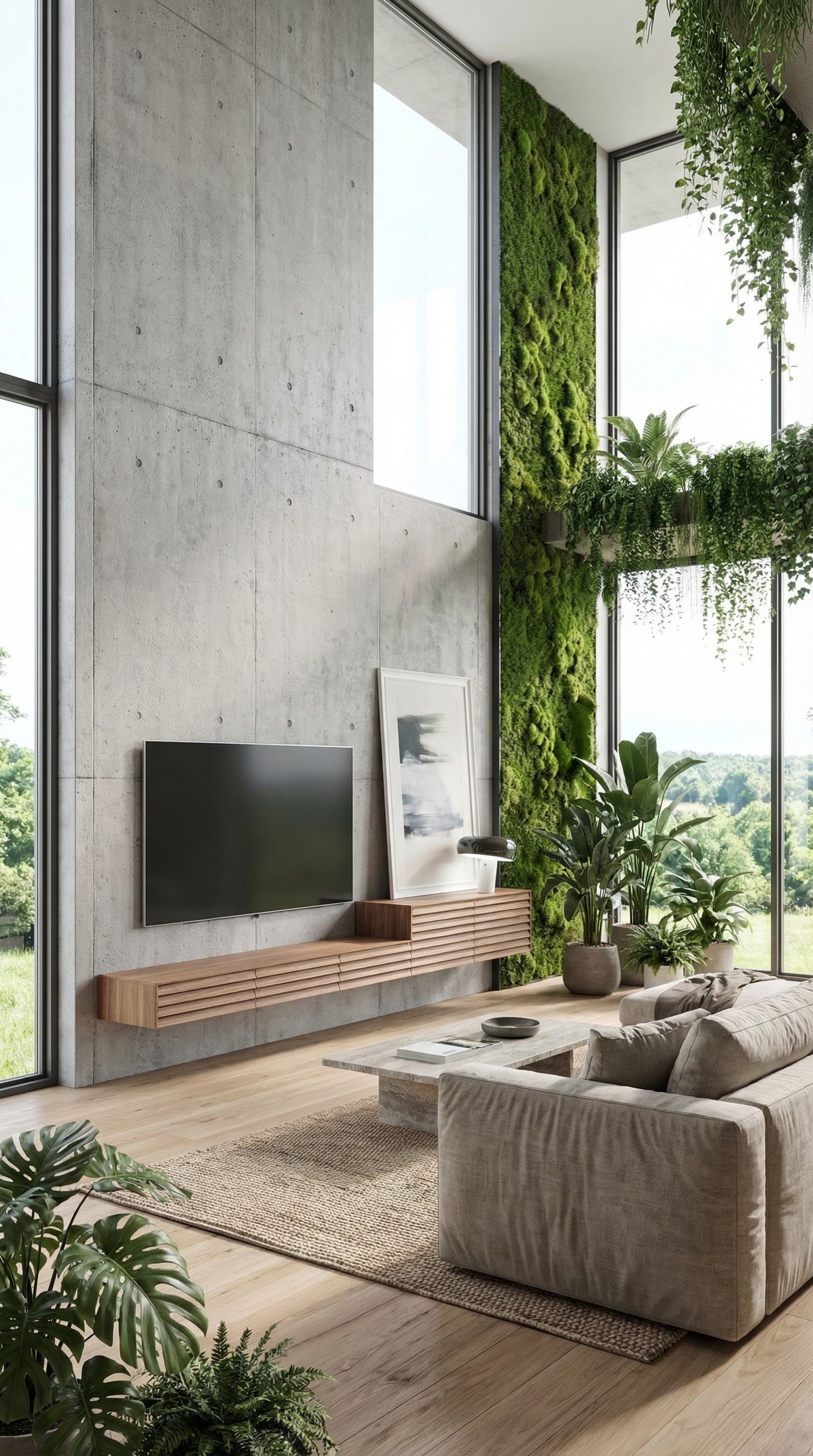 Schwebendes Lowboard mit edler Lamellenfront an einer Sichtbetonwand im modernen Wohnraum.