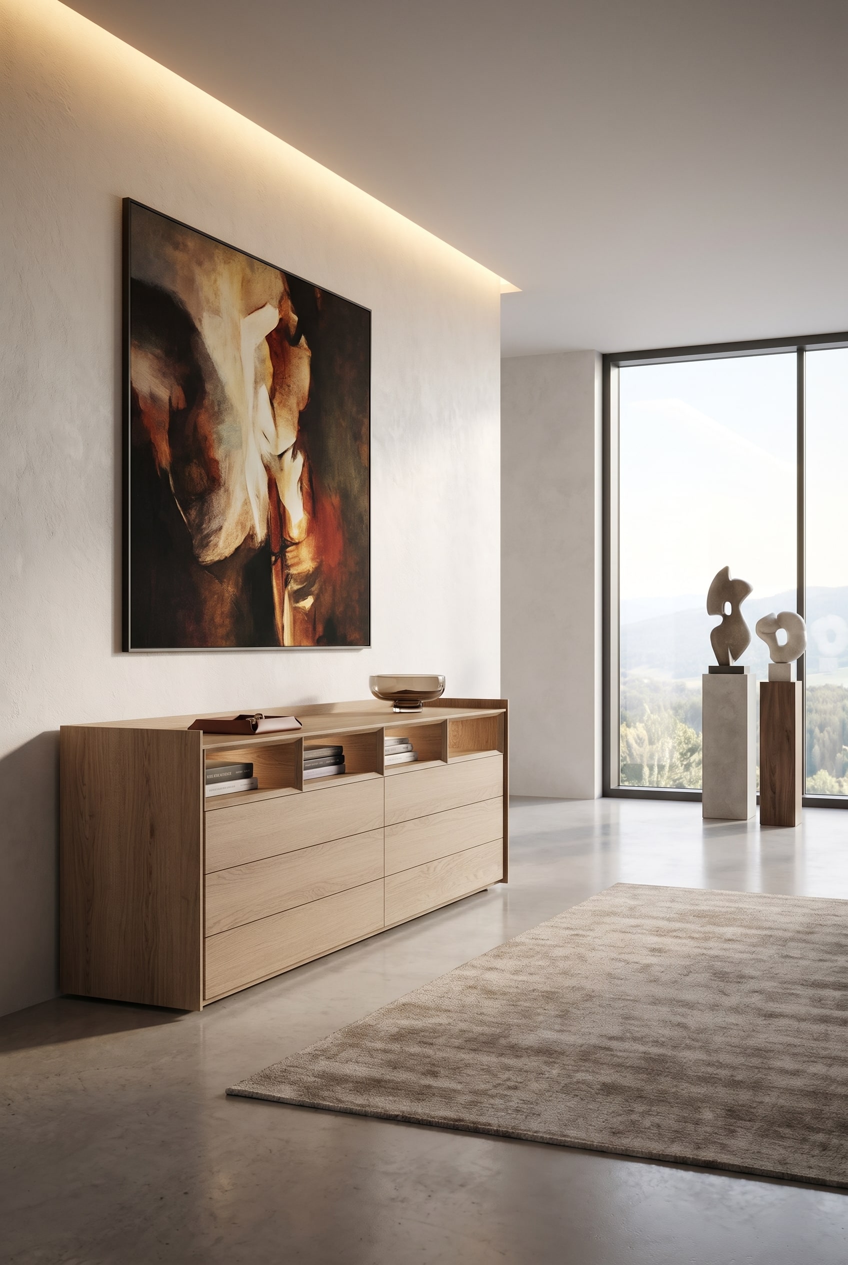 Hallway with a handleless chest of drawers in greige, on it a leather key tray and a tinted glass bowl in front of a light wall