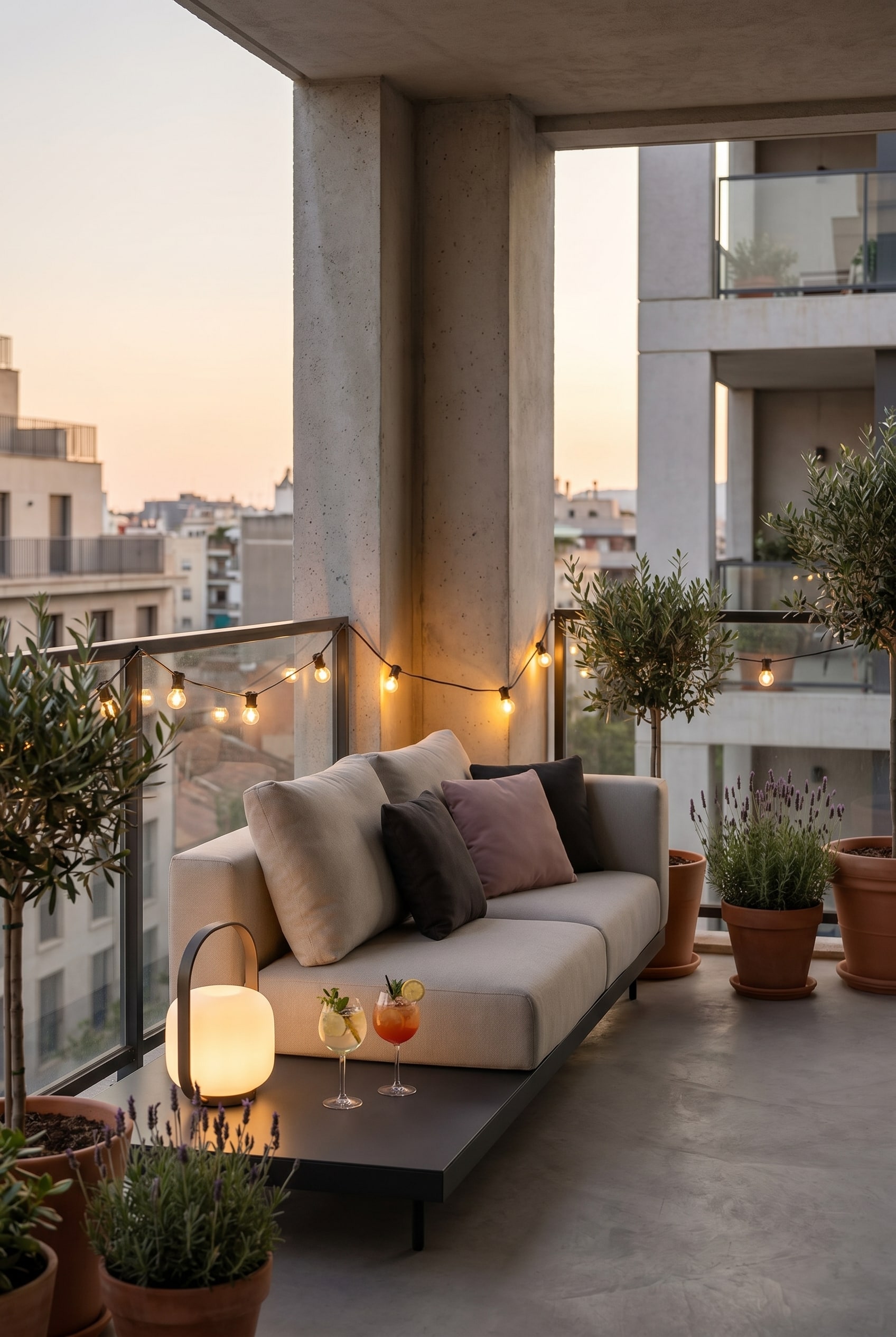 Verwinkelter Balkon mit einem hellen, modular aufgebauten Outdoor-Sofa, das sich einer Betonwand-Ecke anpasst