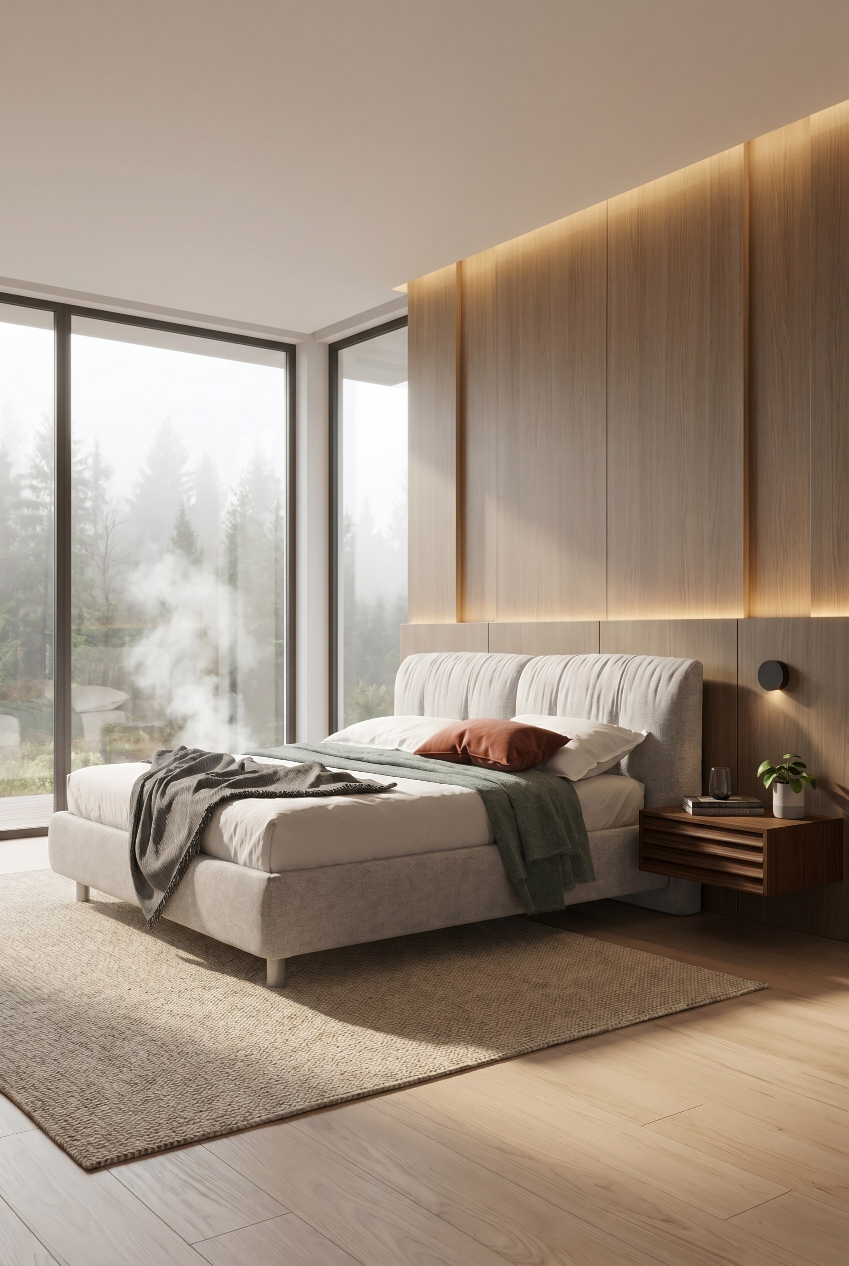 Modernes helles Schlafzimmer mit bodentiefen Fenstern und zentriertem grauem Polsterbett mit dickem Kopfteil