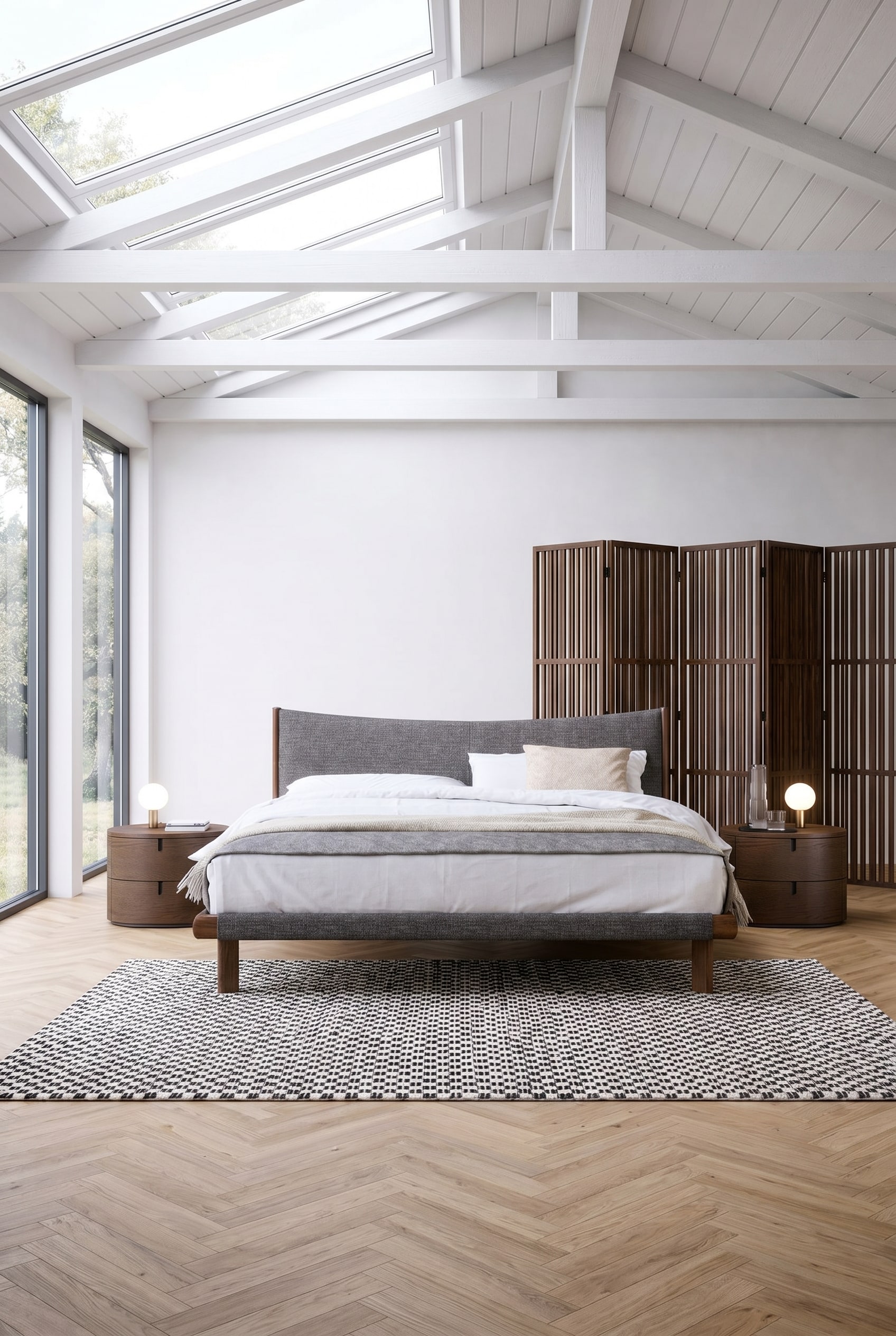 Elegant dark wooden bed with a curved headboard, grey bedding, and two matching rounded nightstands on a light plank floor