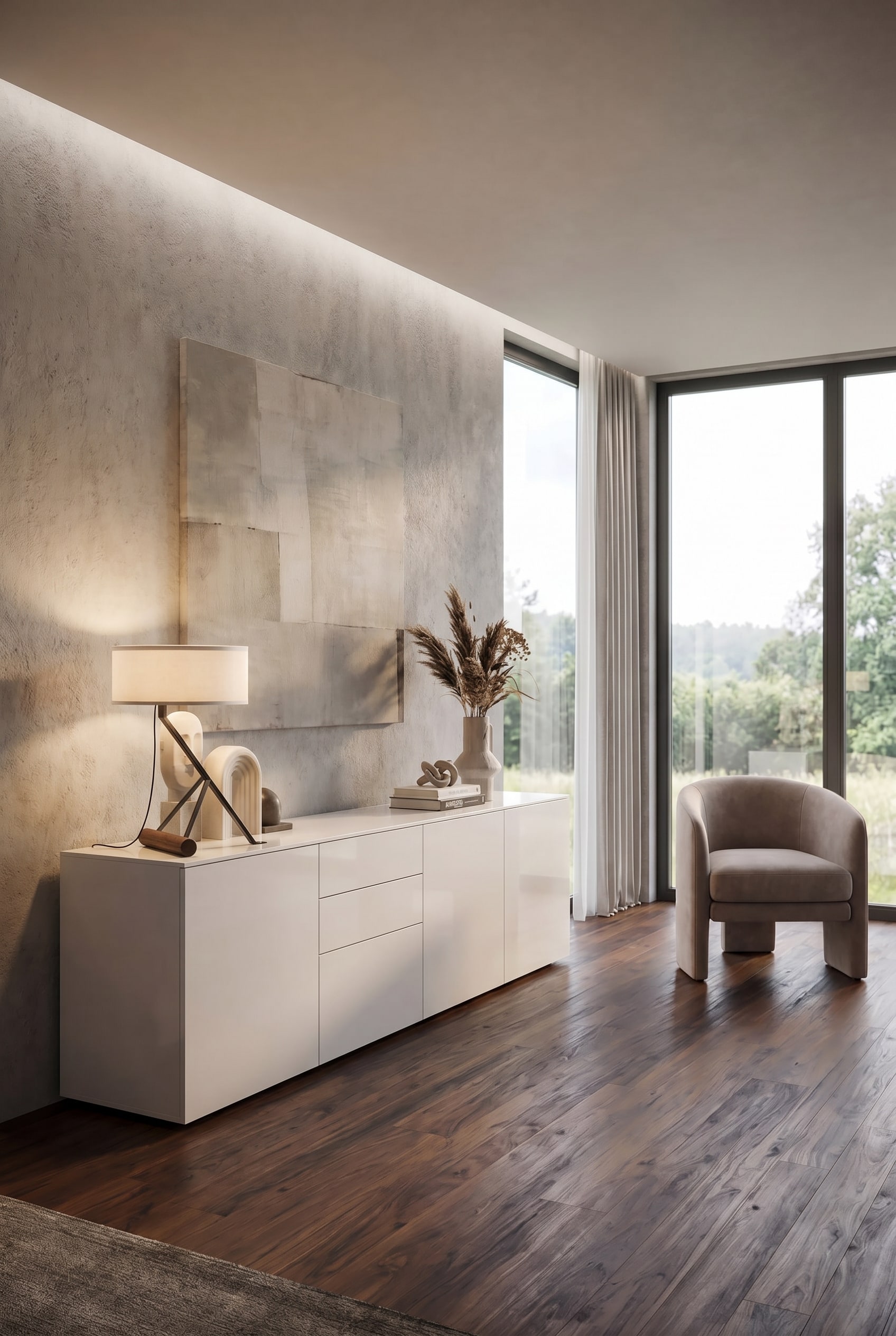Modern living room with minimalist storage furniture and an uncluttered atmosphere
