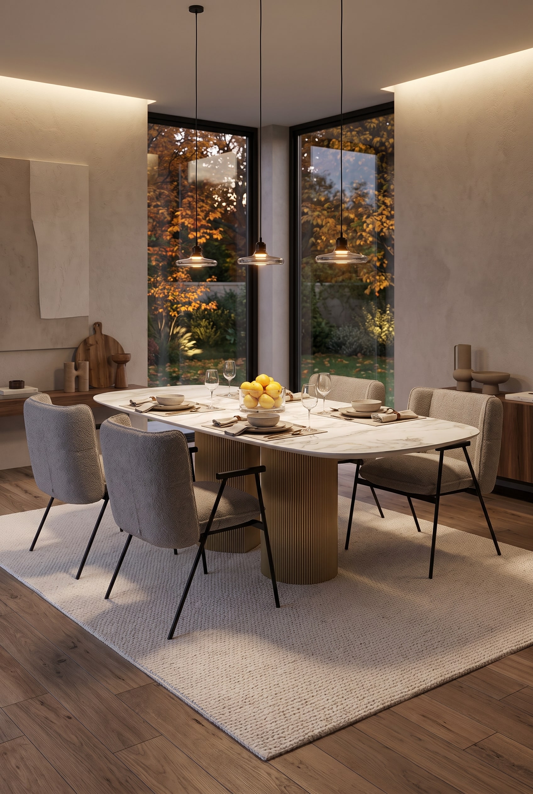 Wide-angle shot of a set oval dining table with a fluted base on a light carpet in front of autumnal windows.