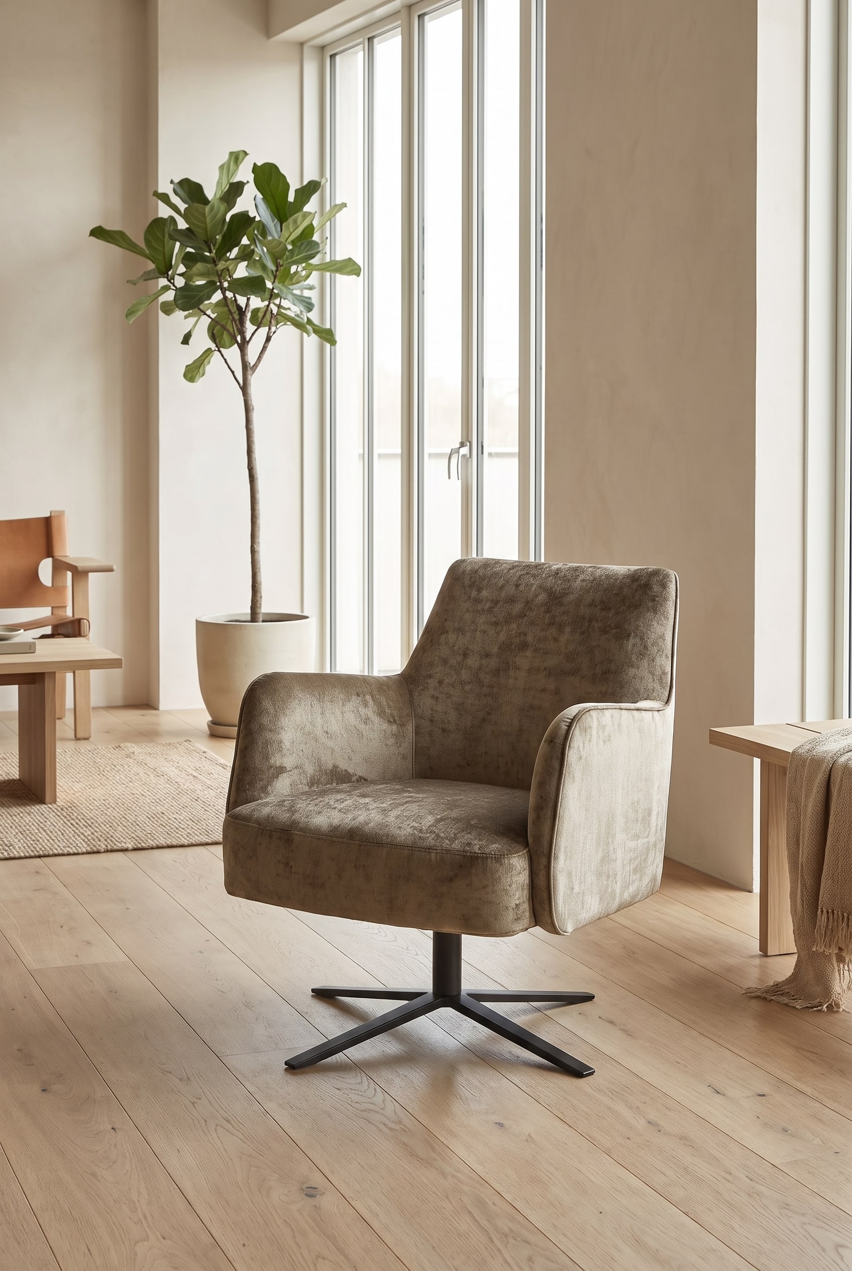 An armchair with slender, black metal legs and velvety upholstery, standing freely in a light-filled room