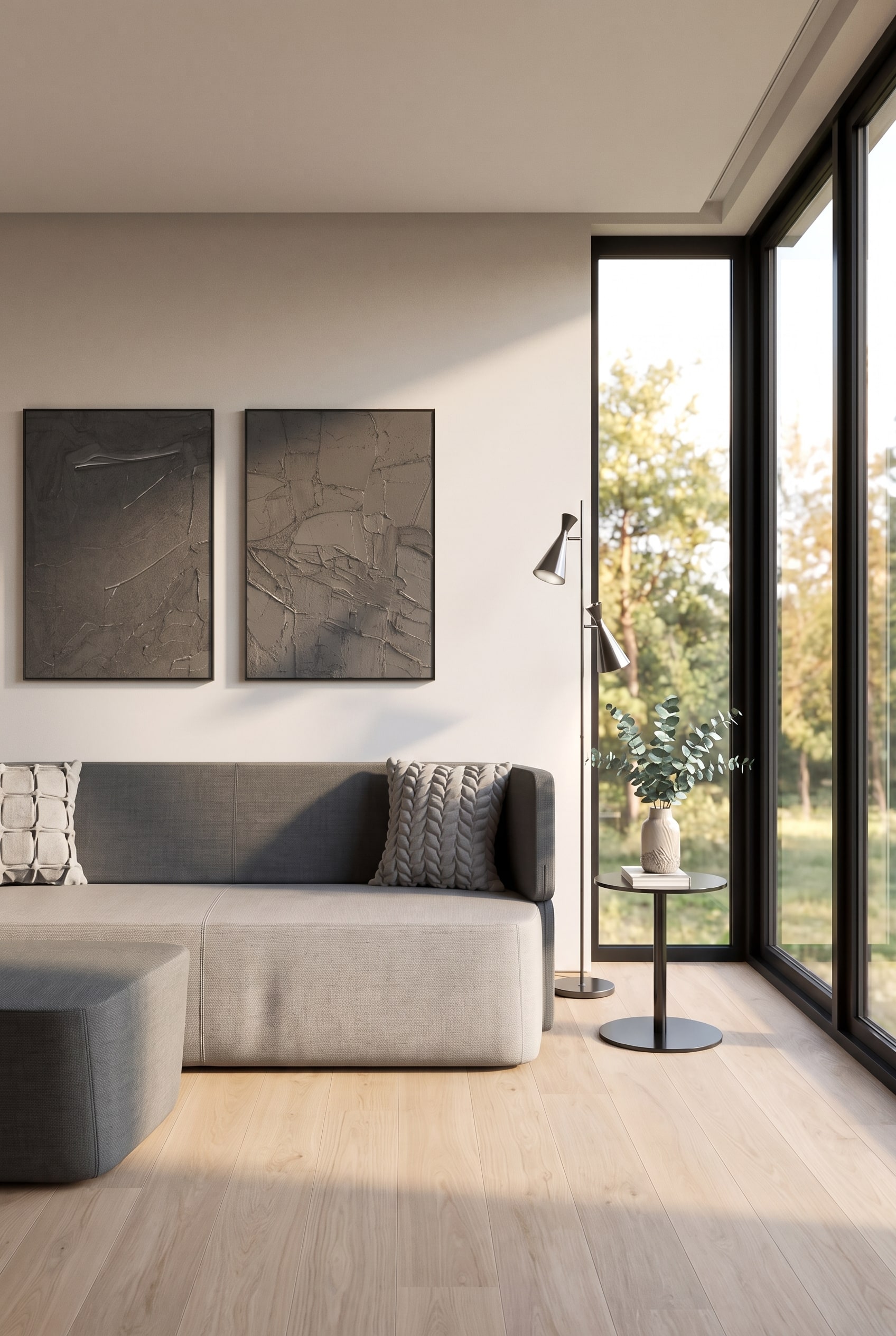 Compact, modernly furnished living room with a minimalist sofa bed in grey and a delicate arc lamp.