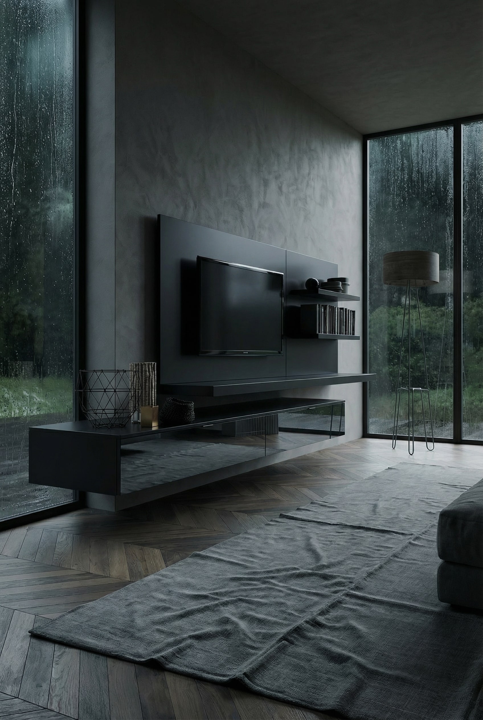 Dunkle, monochrome Wohnwand mit Glasdetails