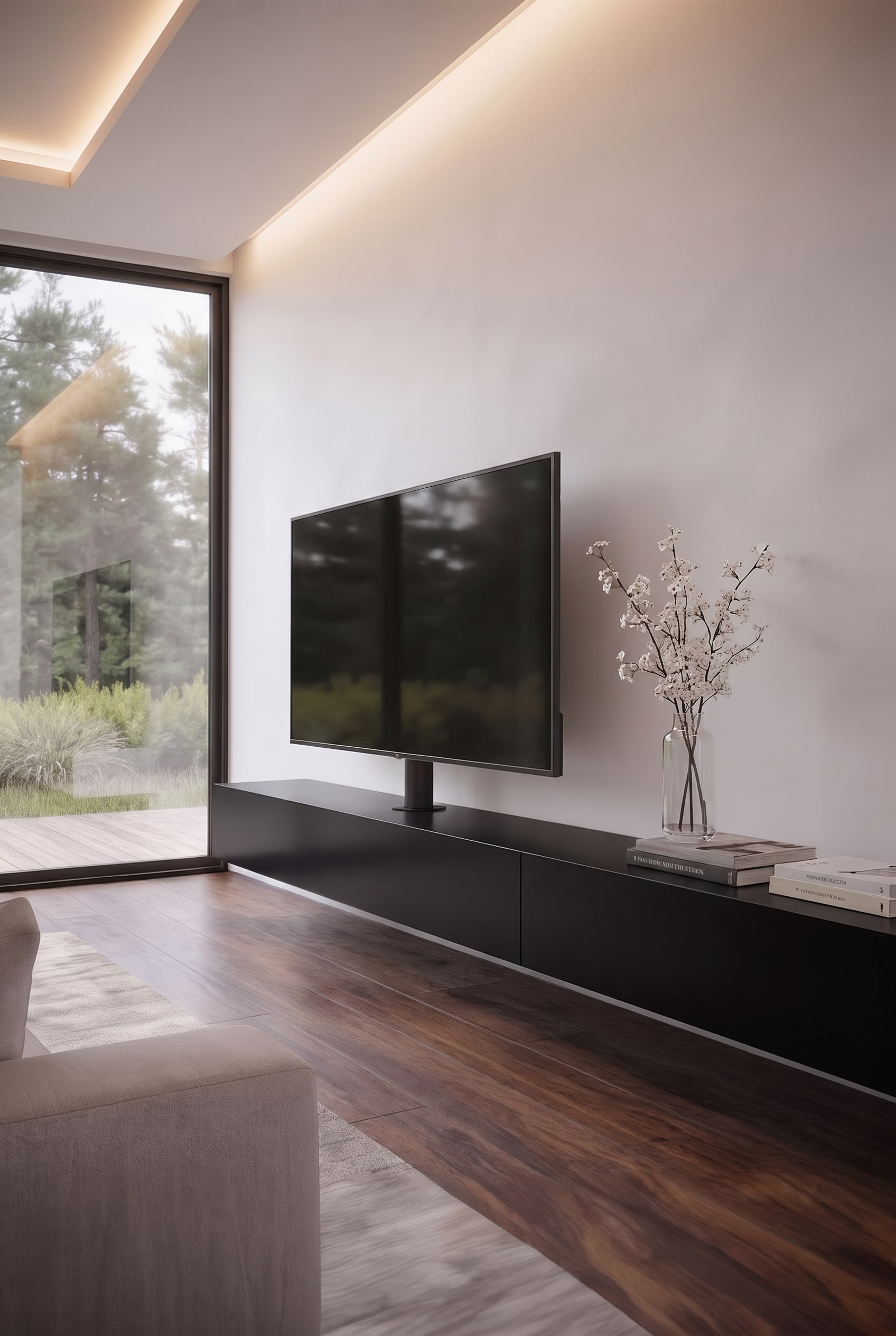 Modernes Livitalia Vesa Lowboard mit integrierter TV-Halterung und komplett unsichtbarer Kabelf&uuml;hrung